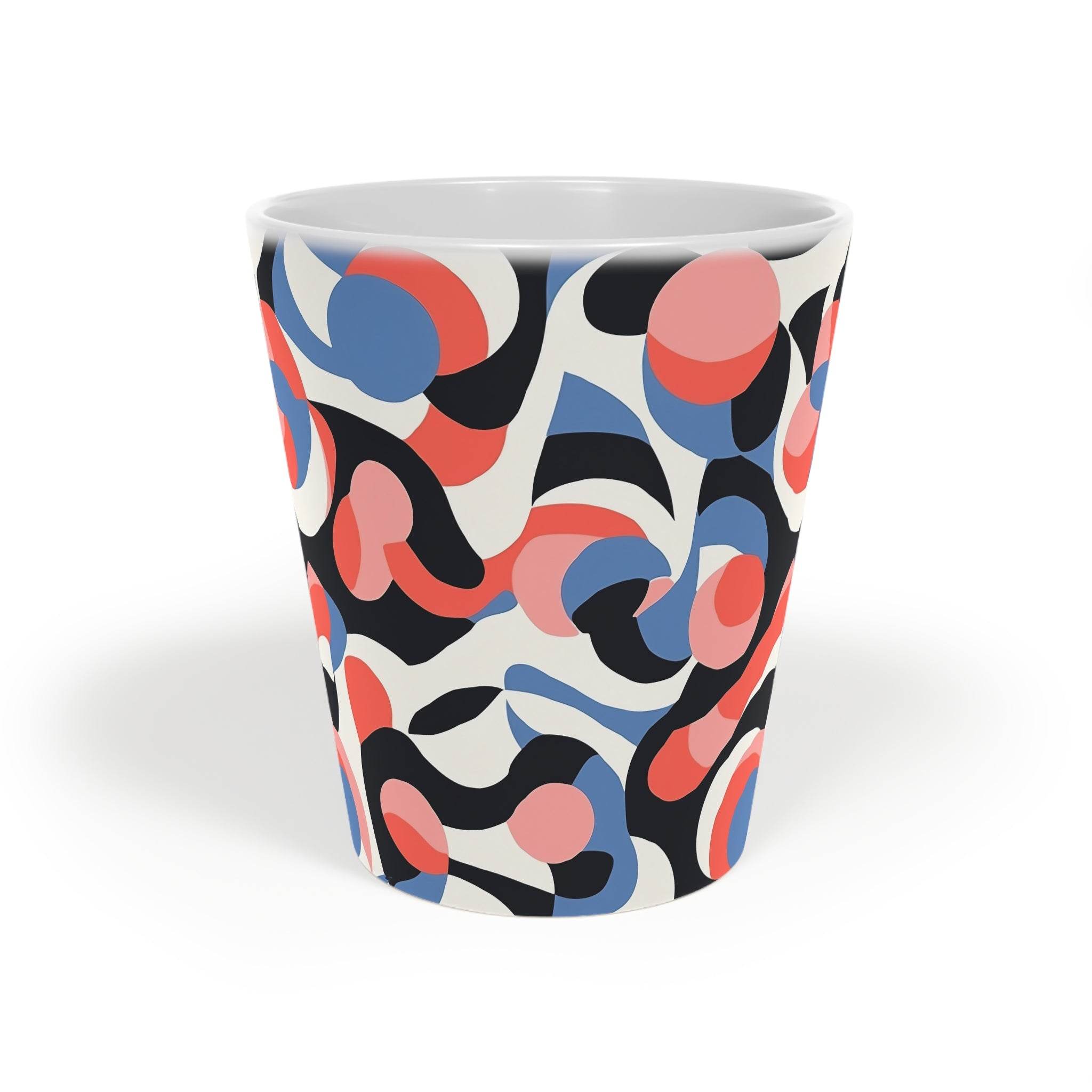 Printify sustainable swirl latte mug with colorful abstract swirl design in blue red and black