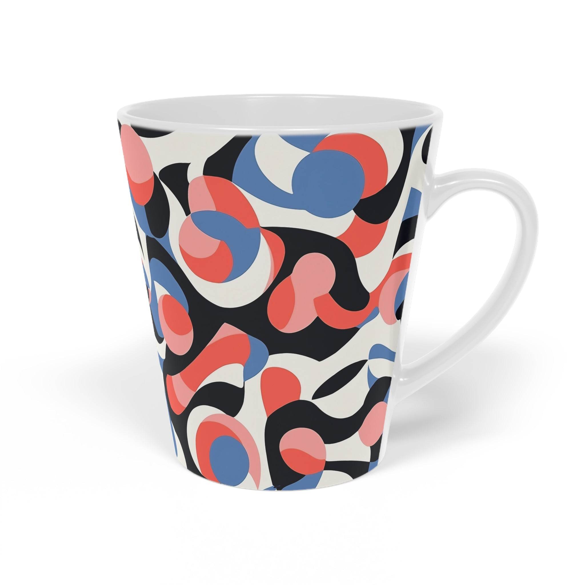 Printify sustainable swirl latte mug with abstract red blue and black swirl design