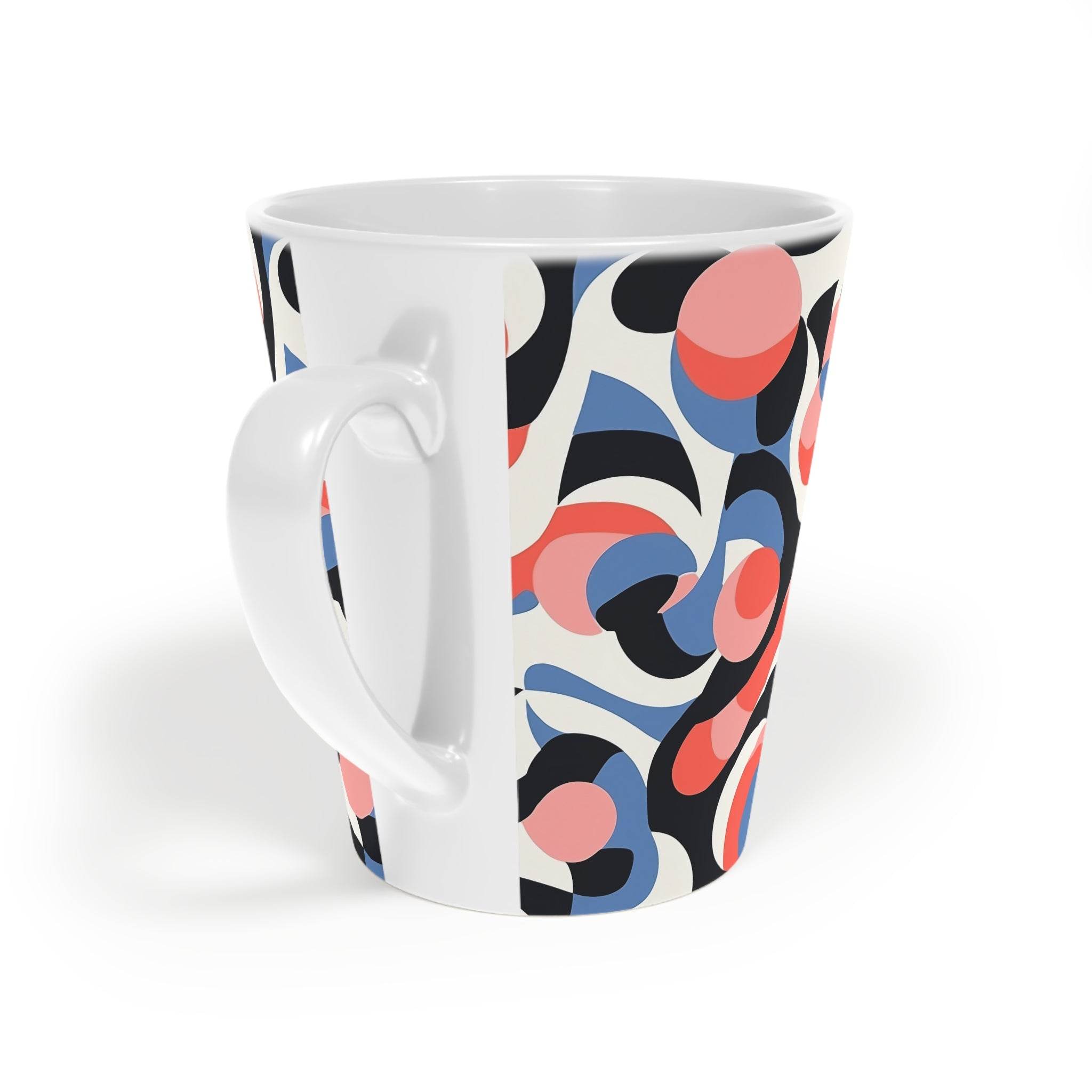 Printify sustainable swirl latte mug with colorful abstract swirl design on white ceramic