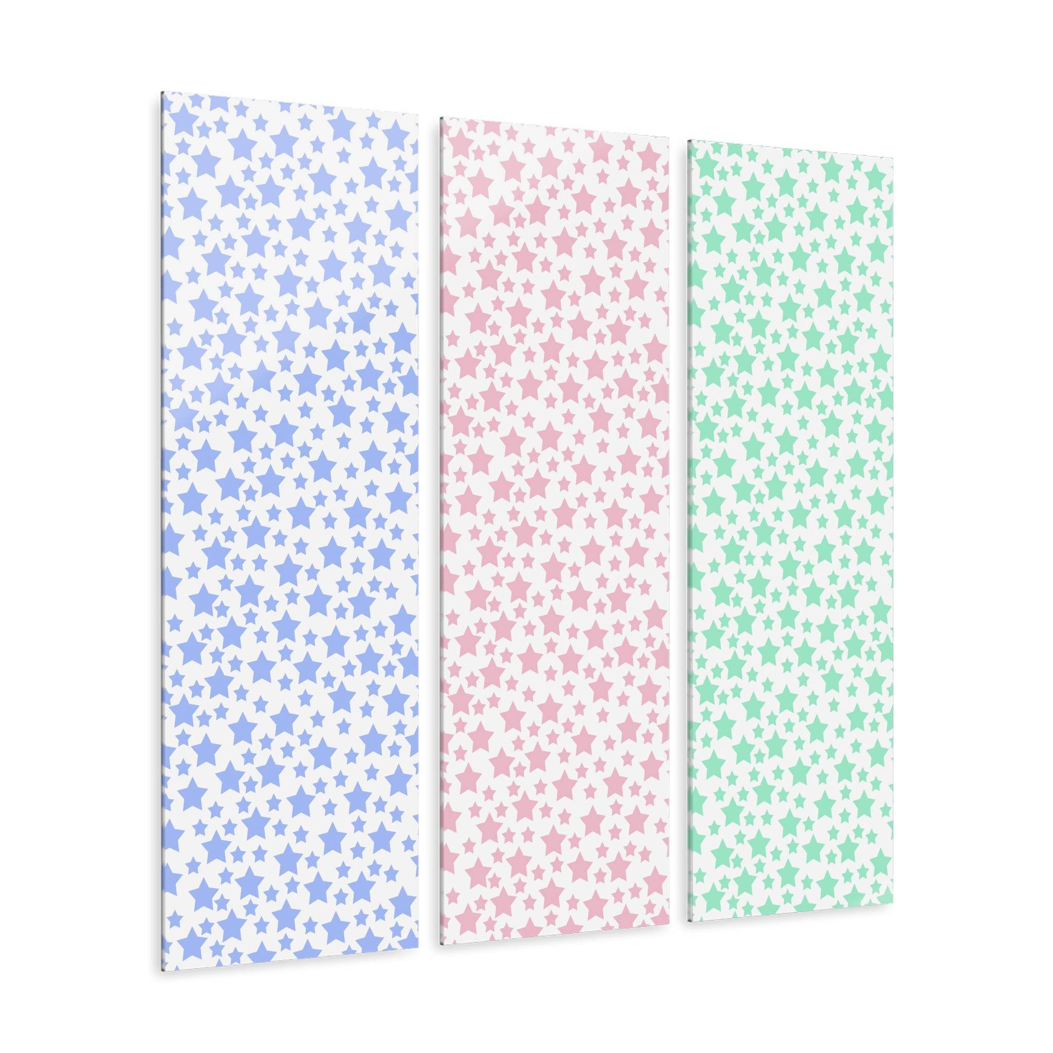 Printify home decor sustainable triptych prints featuring pastel blue pink and green star patterns