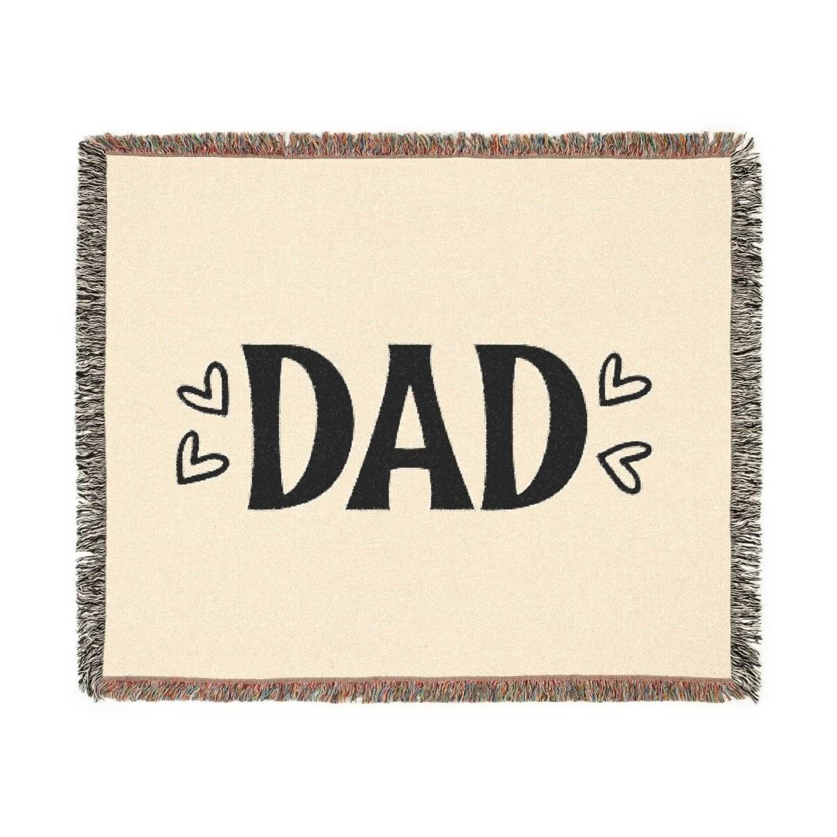 Printify sustainable woven blanket for dads in cream with black DAD text and heart accents
