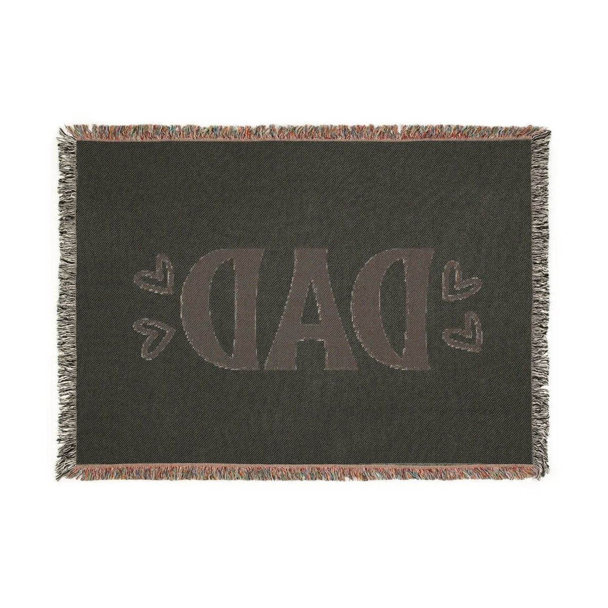 Printify sustainable woven blanket for dads in dark color with DAD text and heart designs