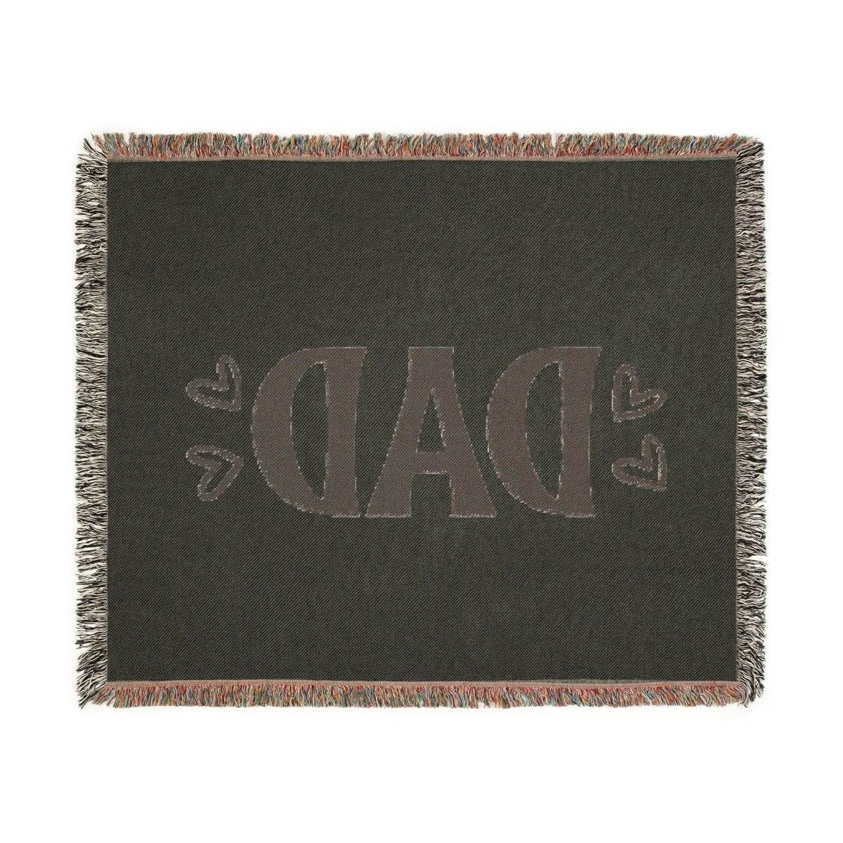 Dark green sustainable woven blanket for dads with fringe edges and heart designs by Printify