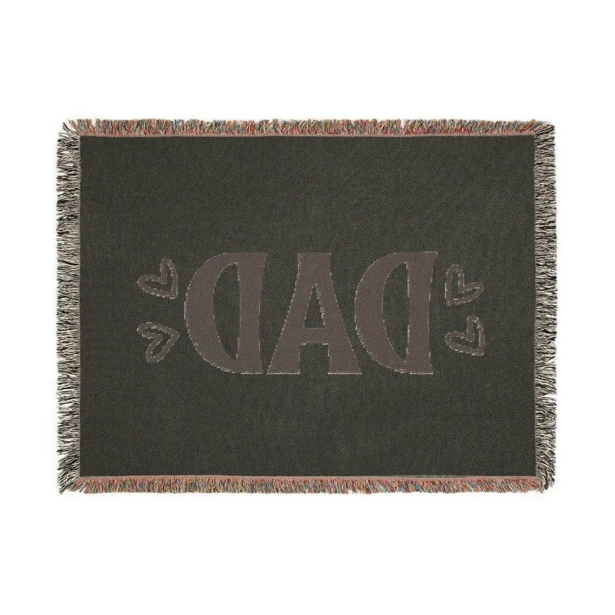 Printify sustainable woven blanket for dads with DAD text and heart designs in dark tones