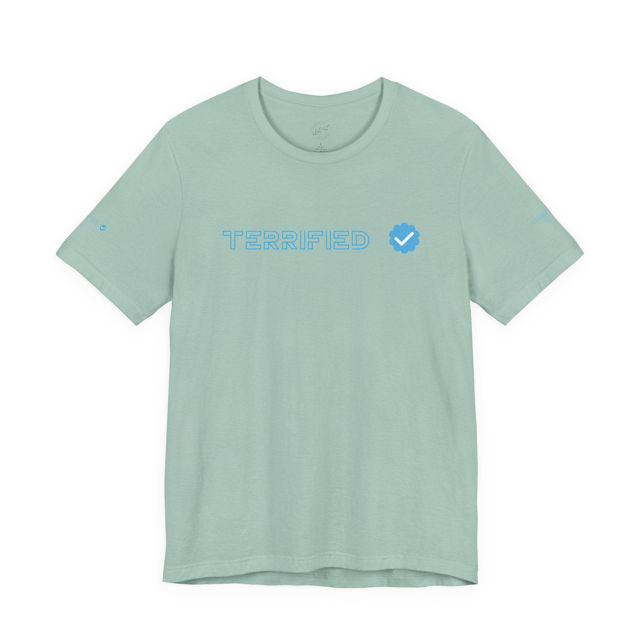 Light green Printify t-shirt with blue text Terrified and a blue checkmark graphic on front