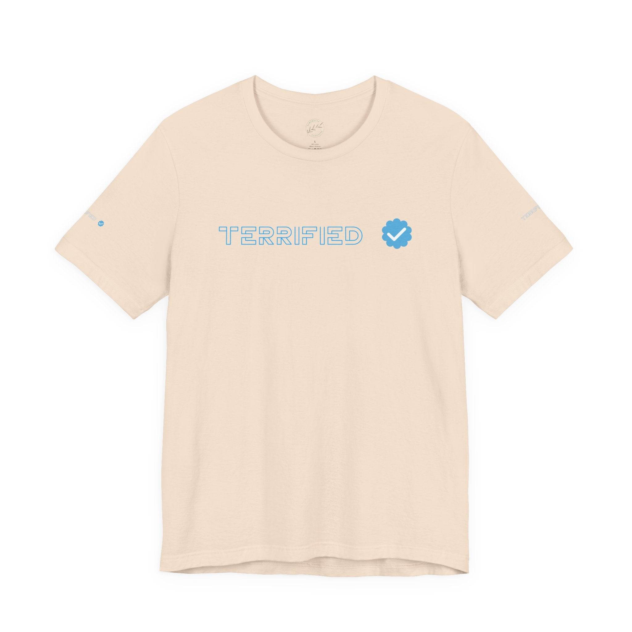 Beige Printify t-shirt with blue Terrified text and verified badge graphic on front
