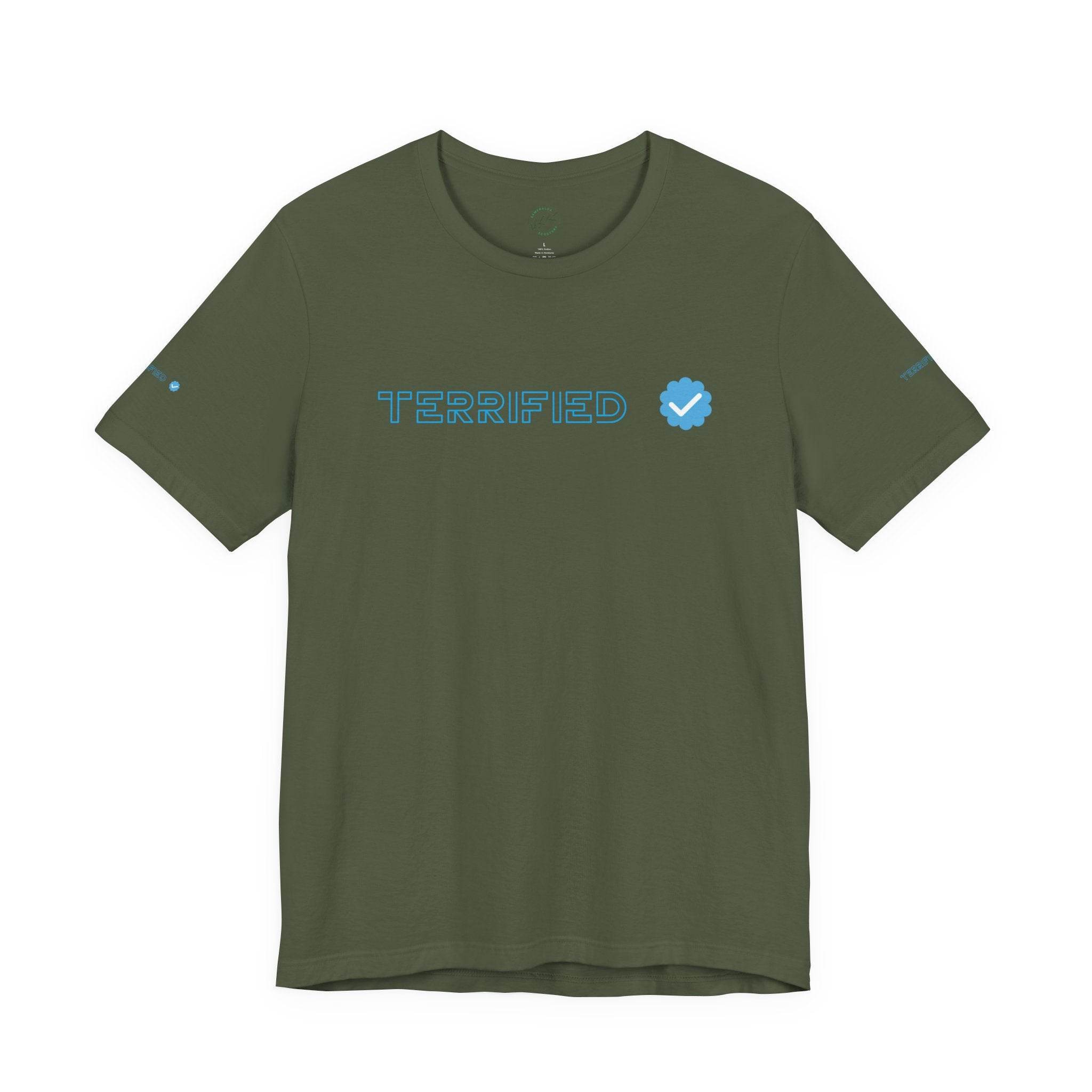 Olive green Printify T-shirt with blue text reading Terrified and a blue checkmark icon