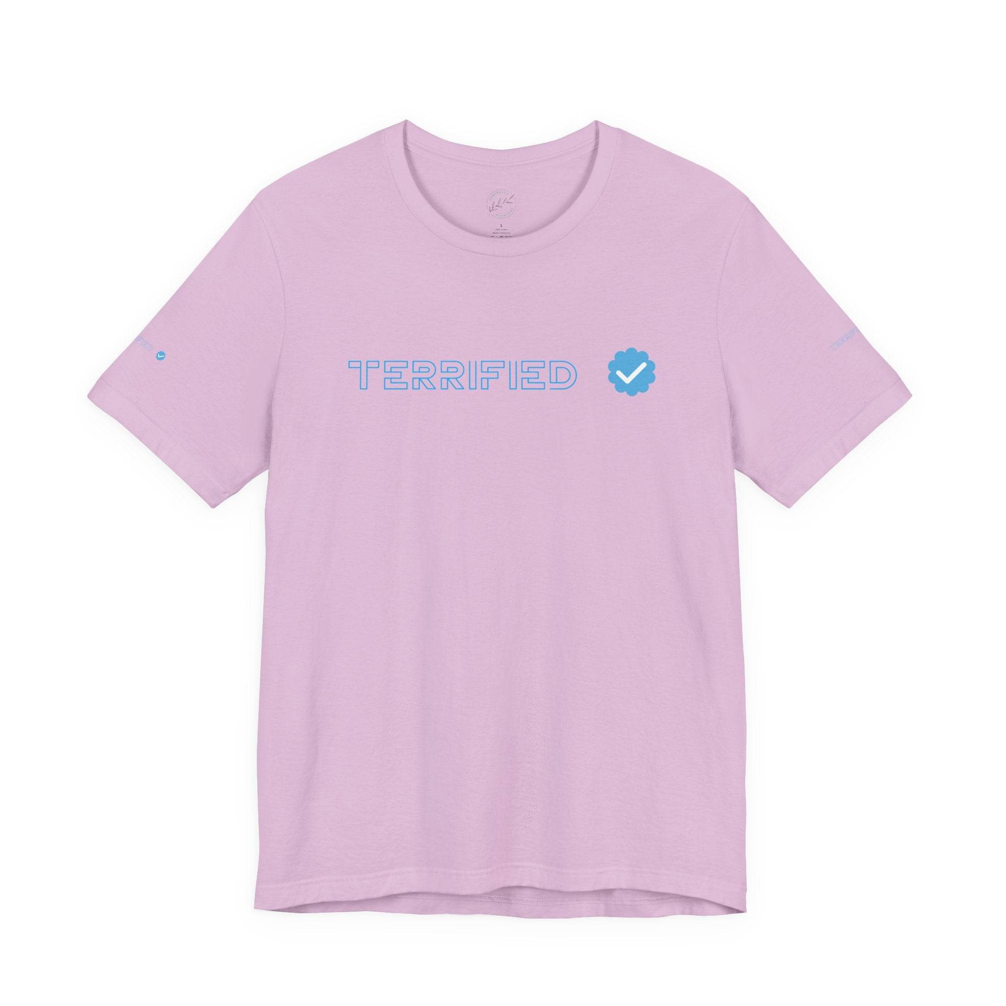 Printify lavender t-shirt with blue text reading Terrified and checkmark graphic on front