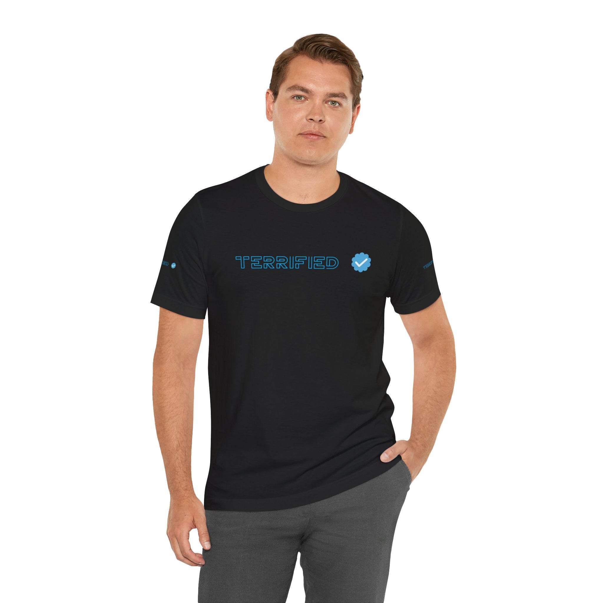Printify black t-shirt with blue text Terrified and checkmark logo worn by male model