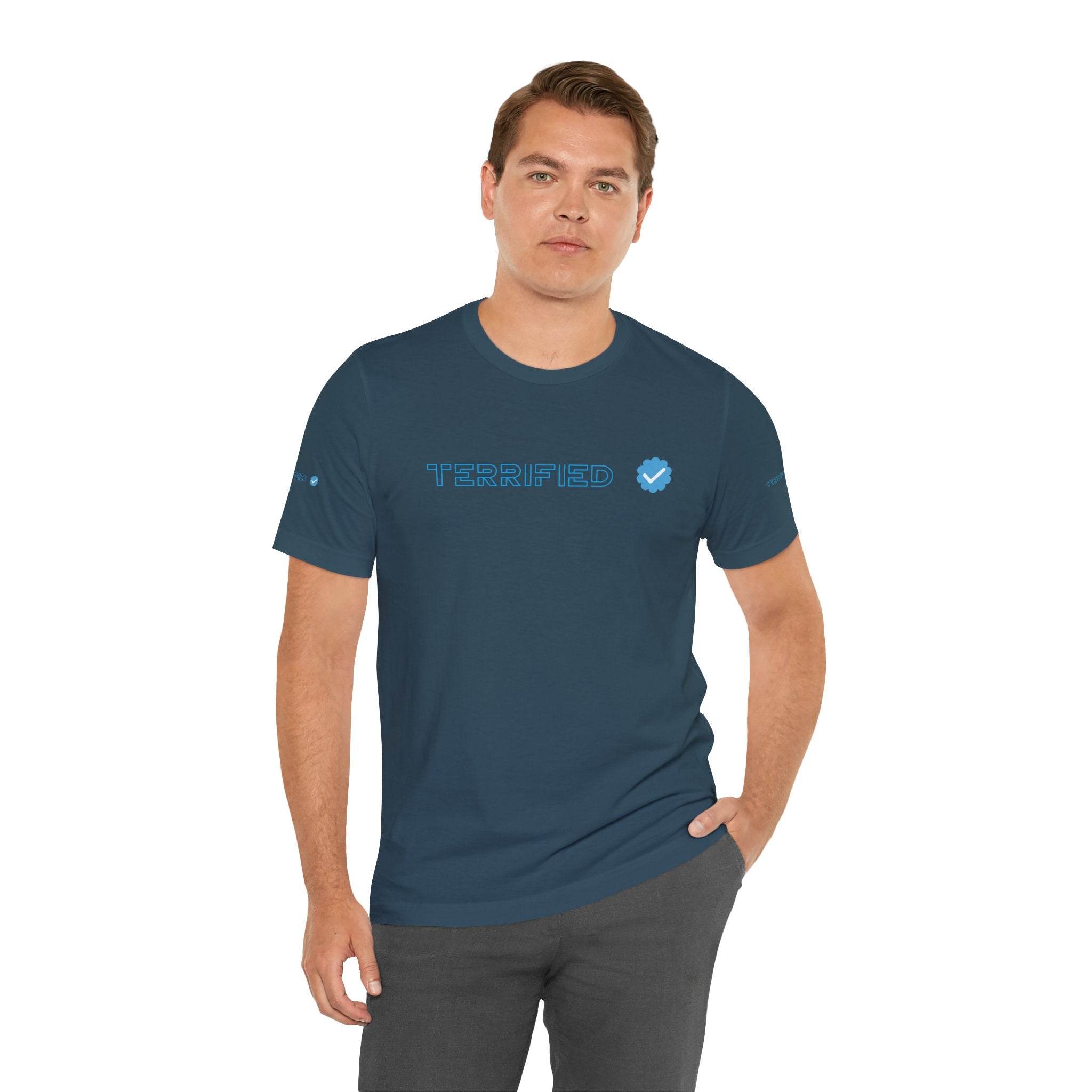 Printify navy blue terrifed graphic t-shirt worn by male model with short sleeves