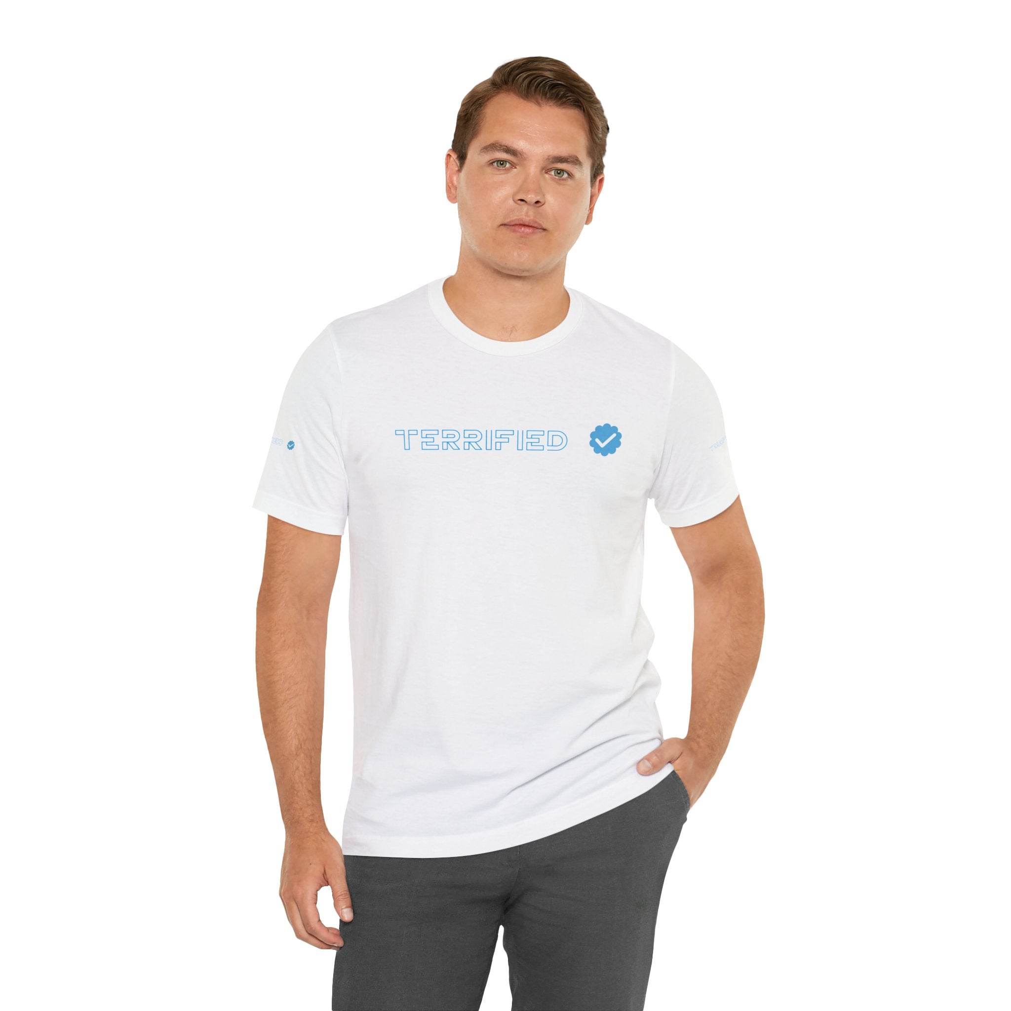 Printify white T-shirt with blue text Terrified and checkmark logo worn by male model
