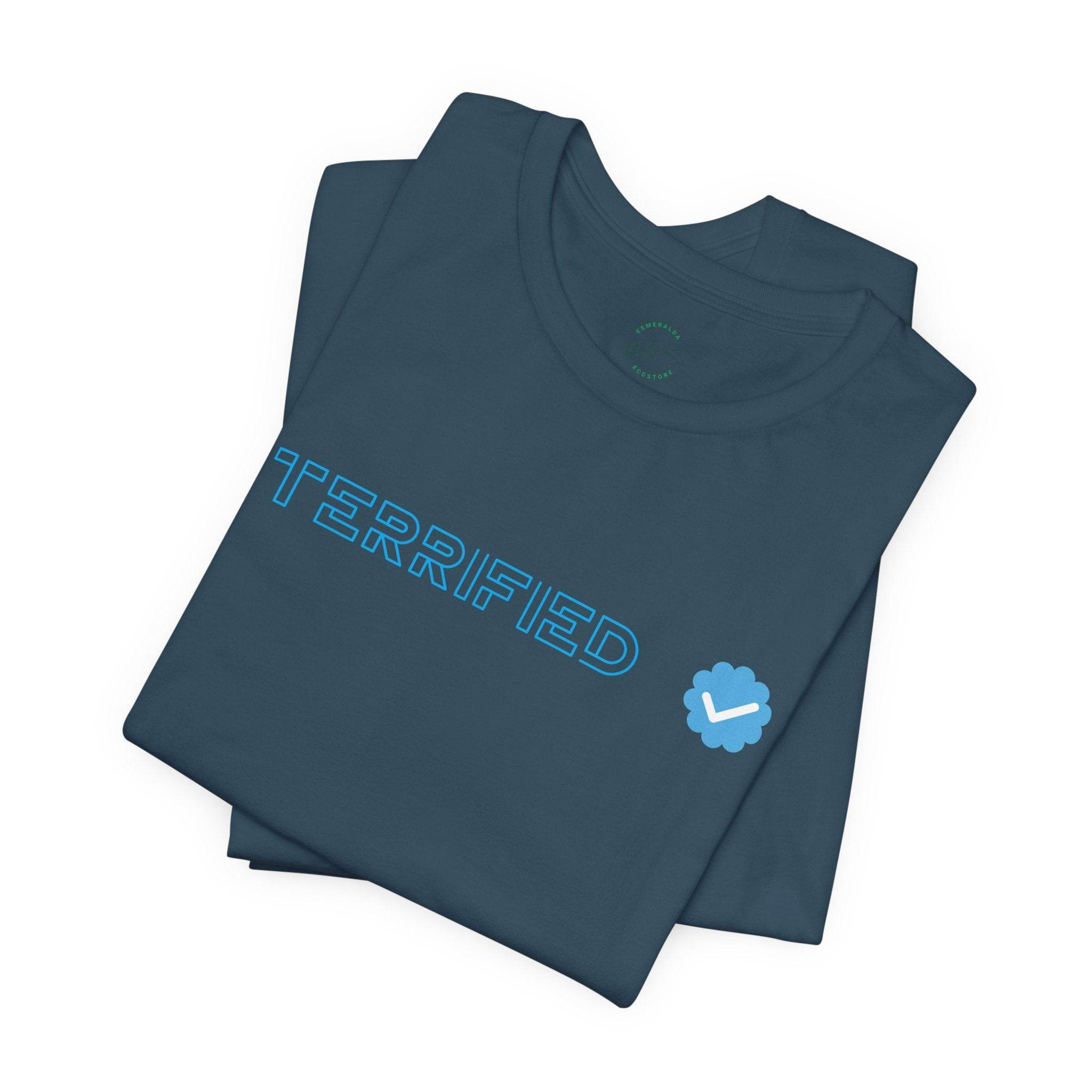 Printify navy blue T-shirt folded with blue text terrified and a blue checkmark badge