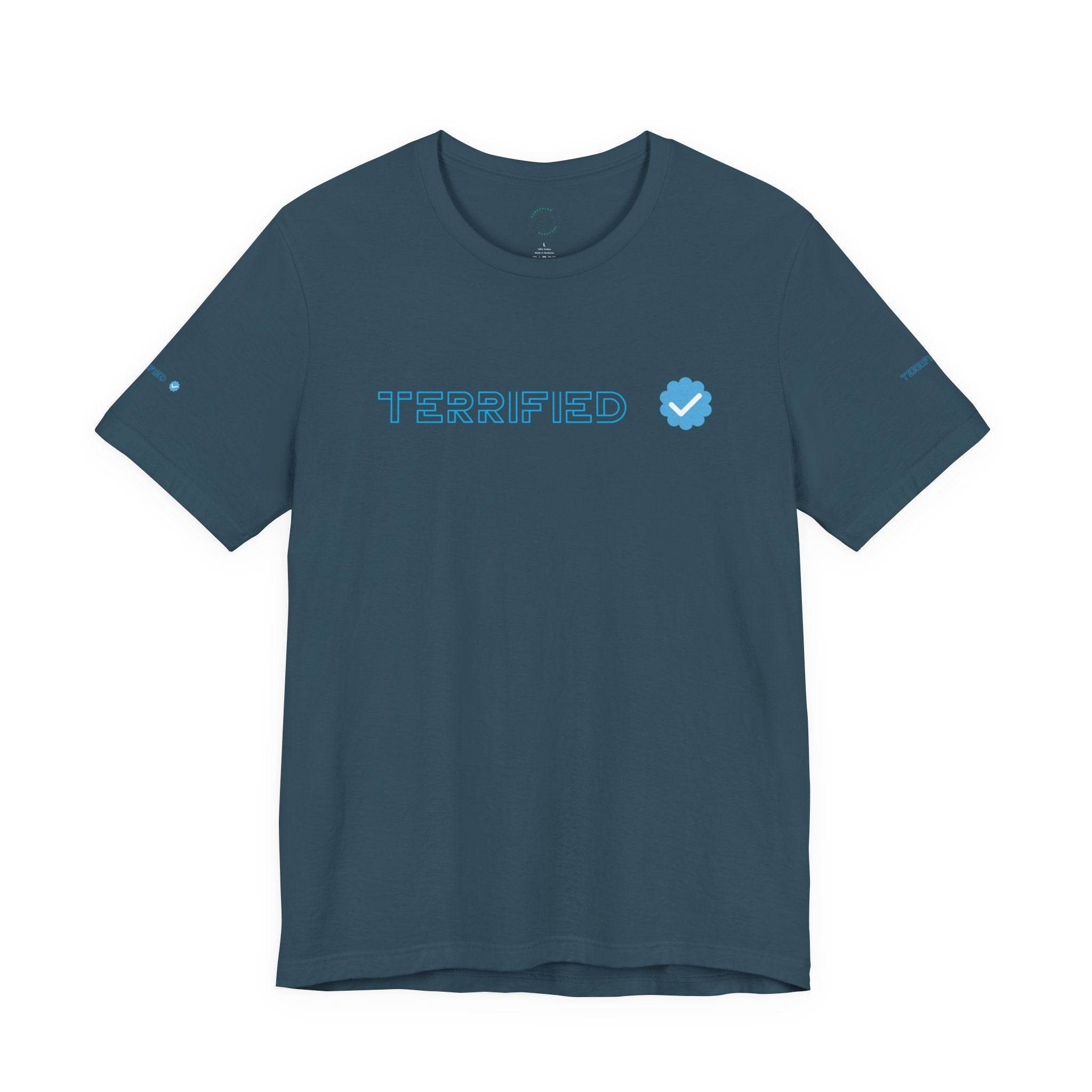 Printify blue T-shirt with Terrified text and verification checkmark graphic on front