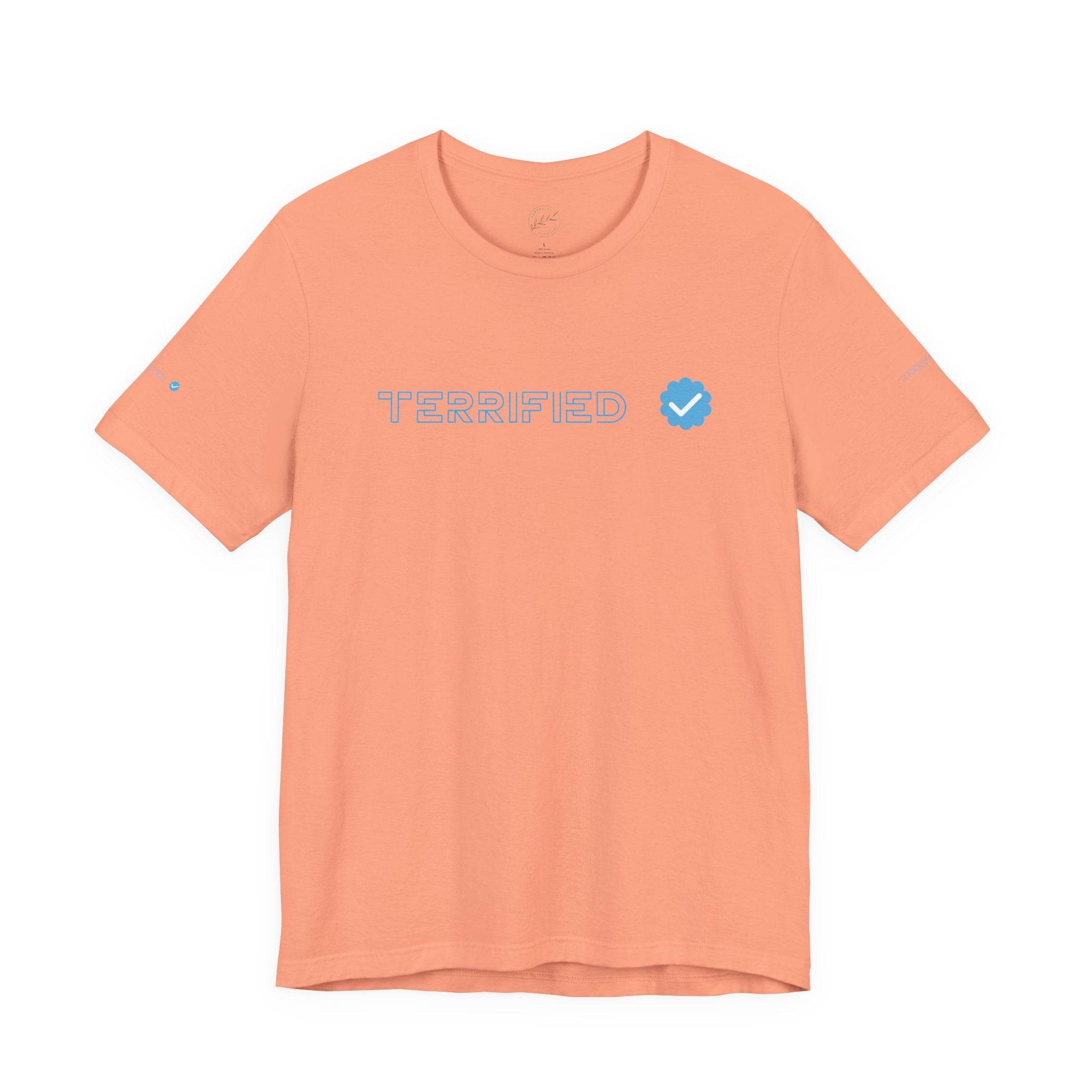 Peach Printify t-shirt with blue verified checkmark and text Terrified on front