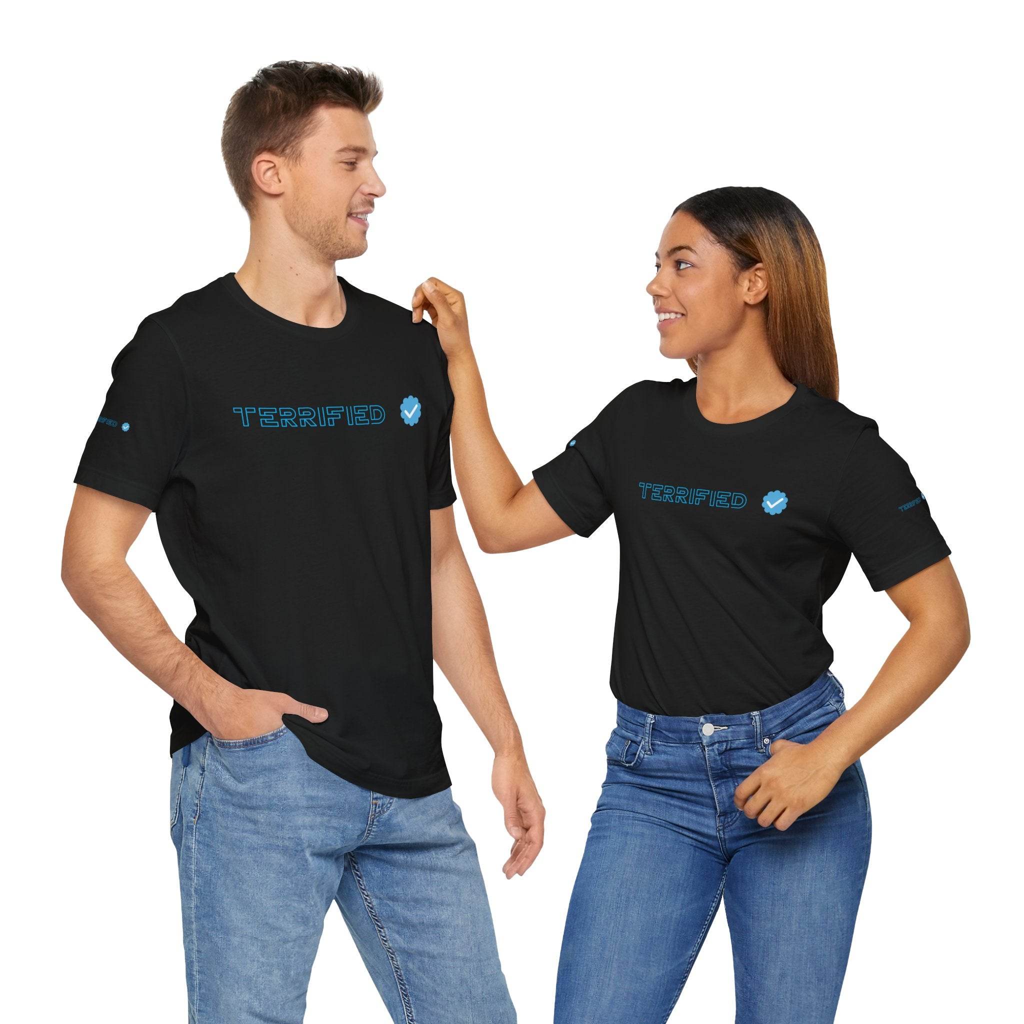 Printify black T-shirts with blue text design worn by male and female models in casual jeans