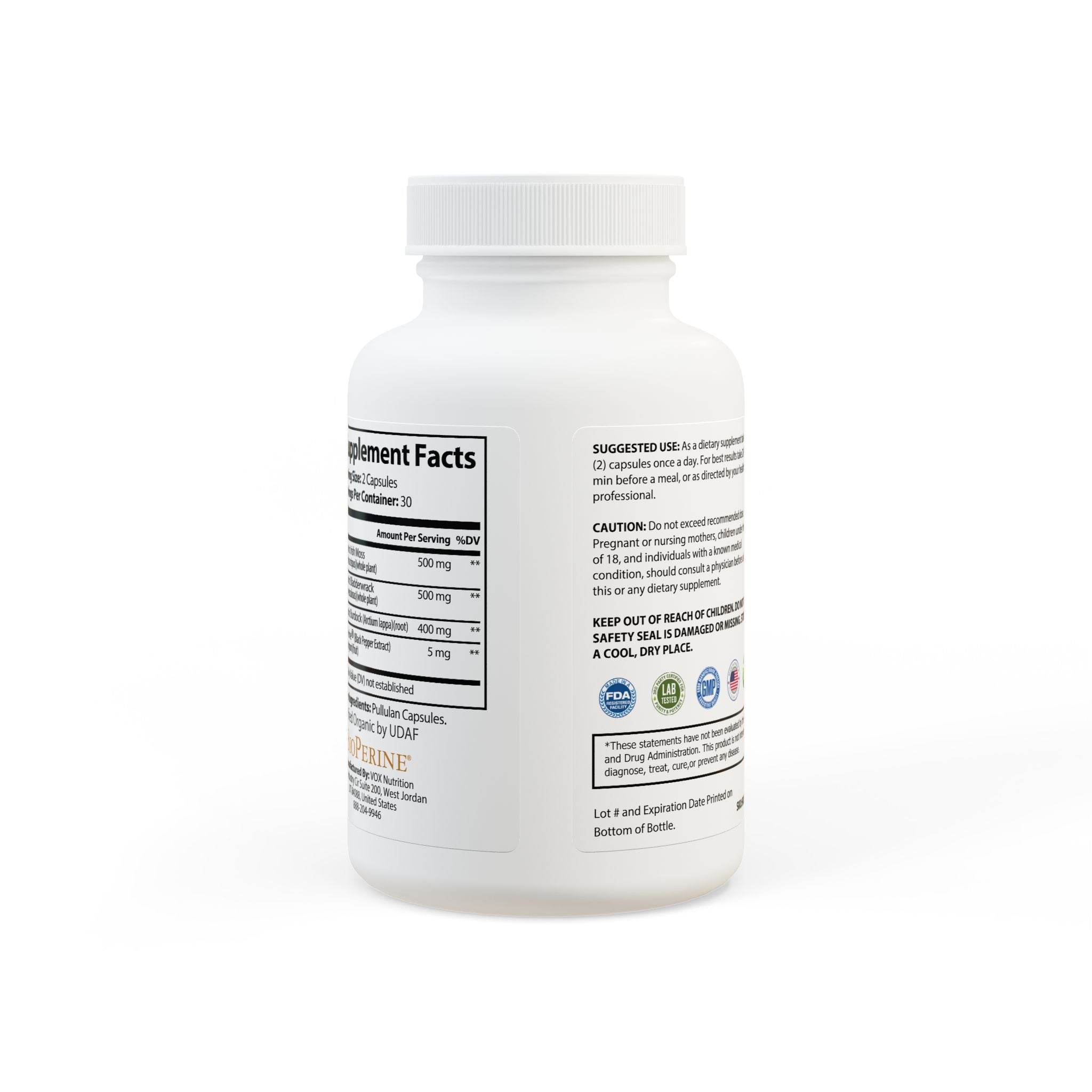 White bottle of Printify Thalassa Sea Moss Capsules supplement with label showing supplement facts and usage instructions