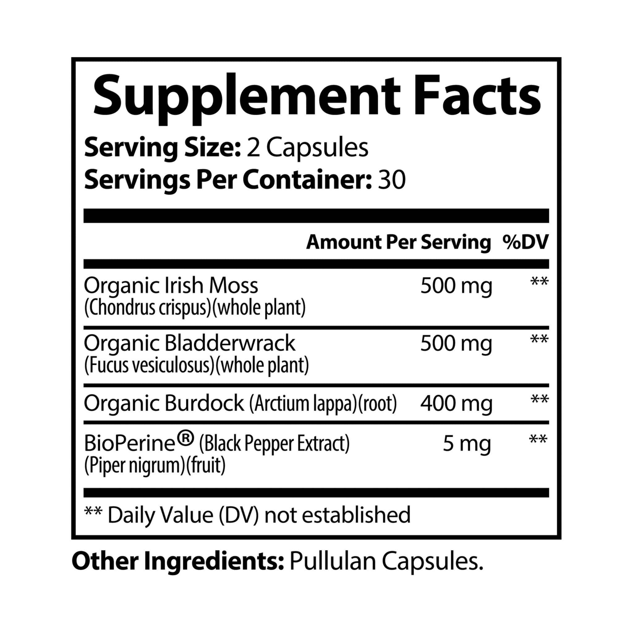 Supplement facts label for Thalassa Sea Moss Capsules showing organic Irish moss 500 mg and other ingredients