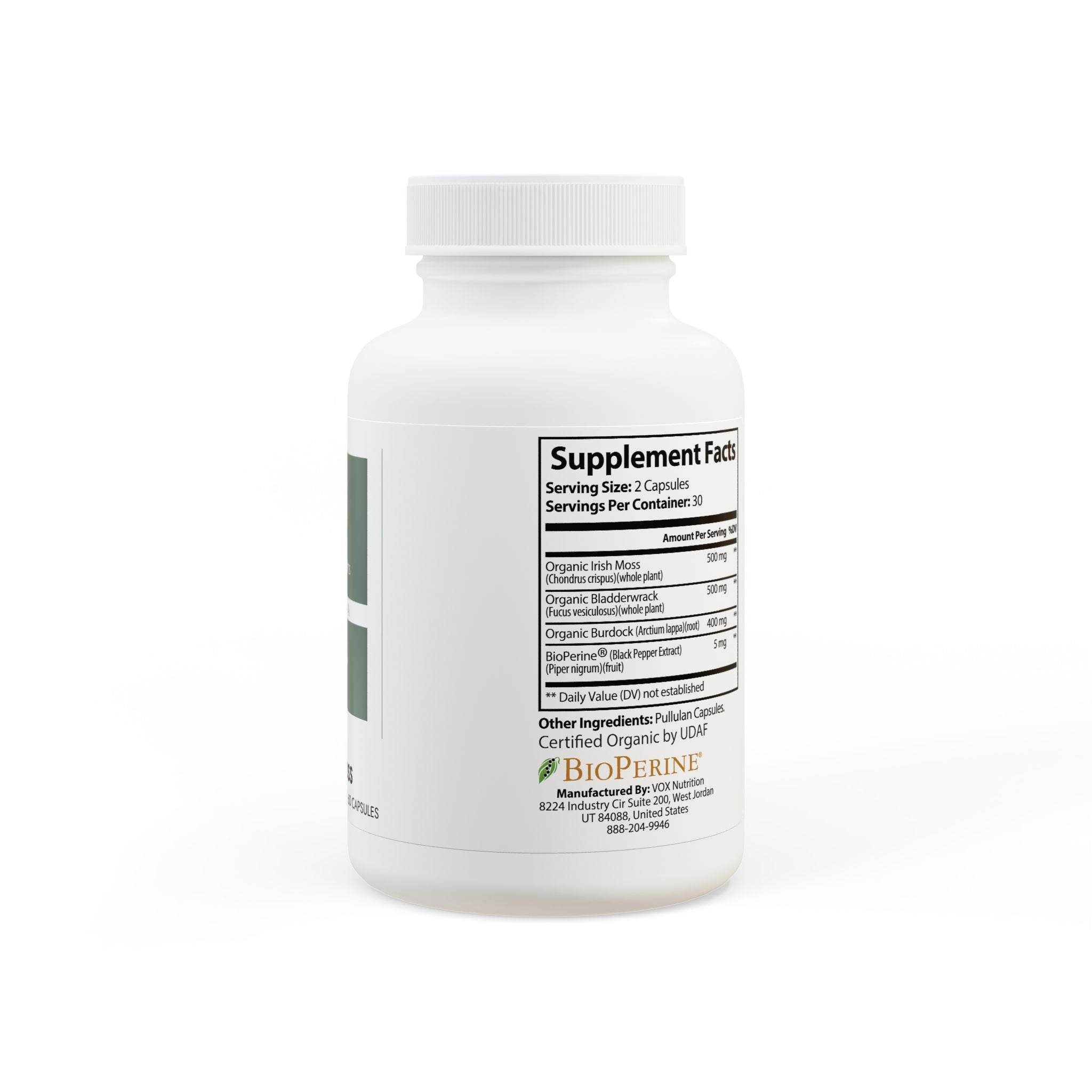 Printify Thalassa Sea Moss Capsules supplement bottle showing supplement facts and ingredients label