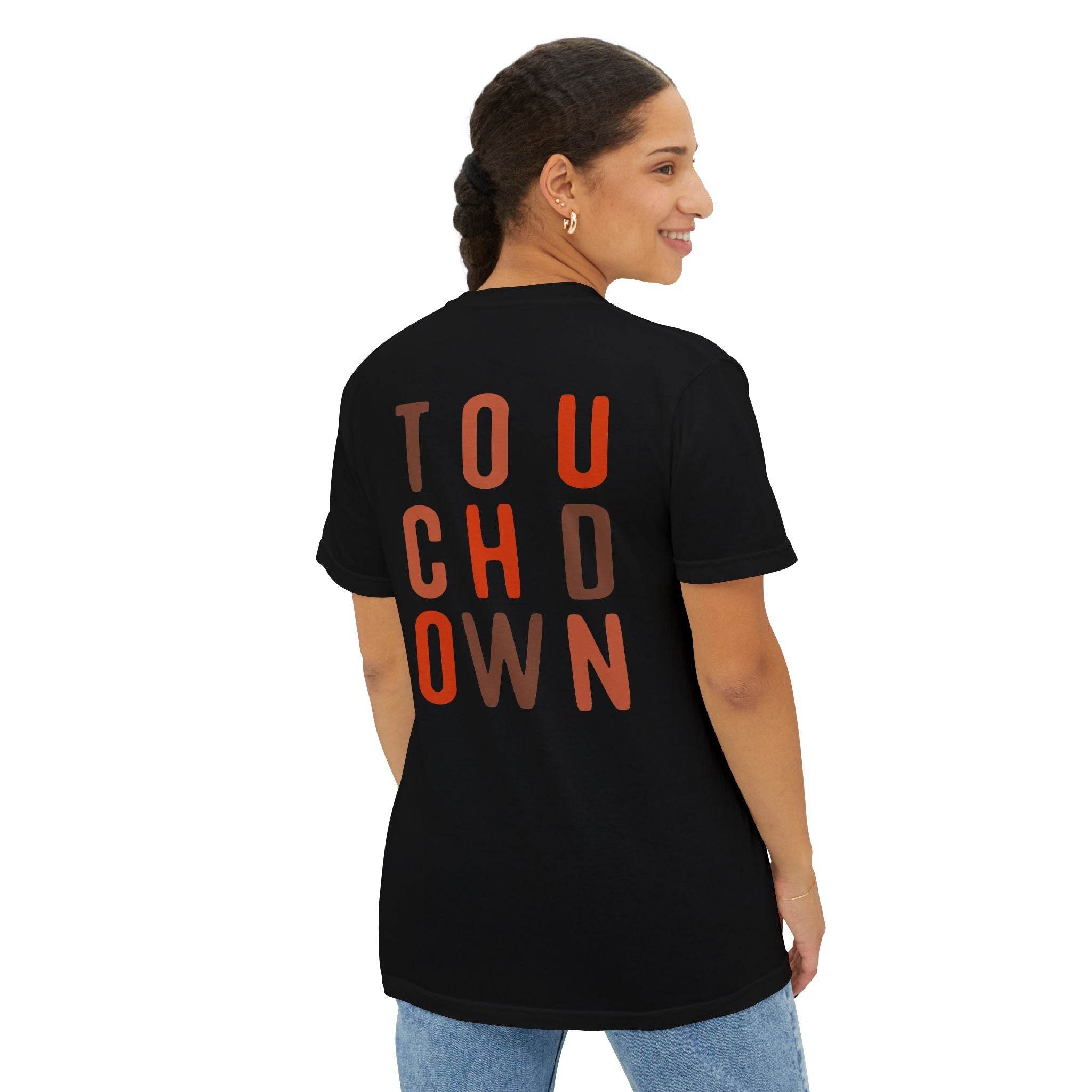 Printify eco-friendly unisex t-shirt in black with colorful touchdown graphic on back