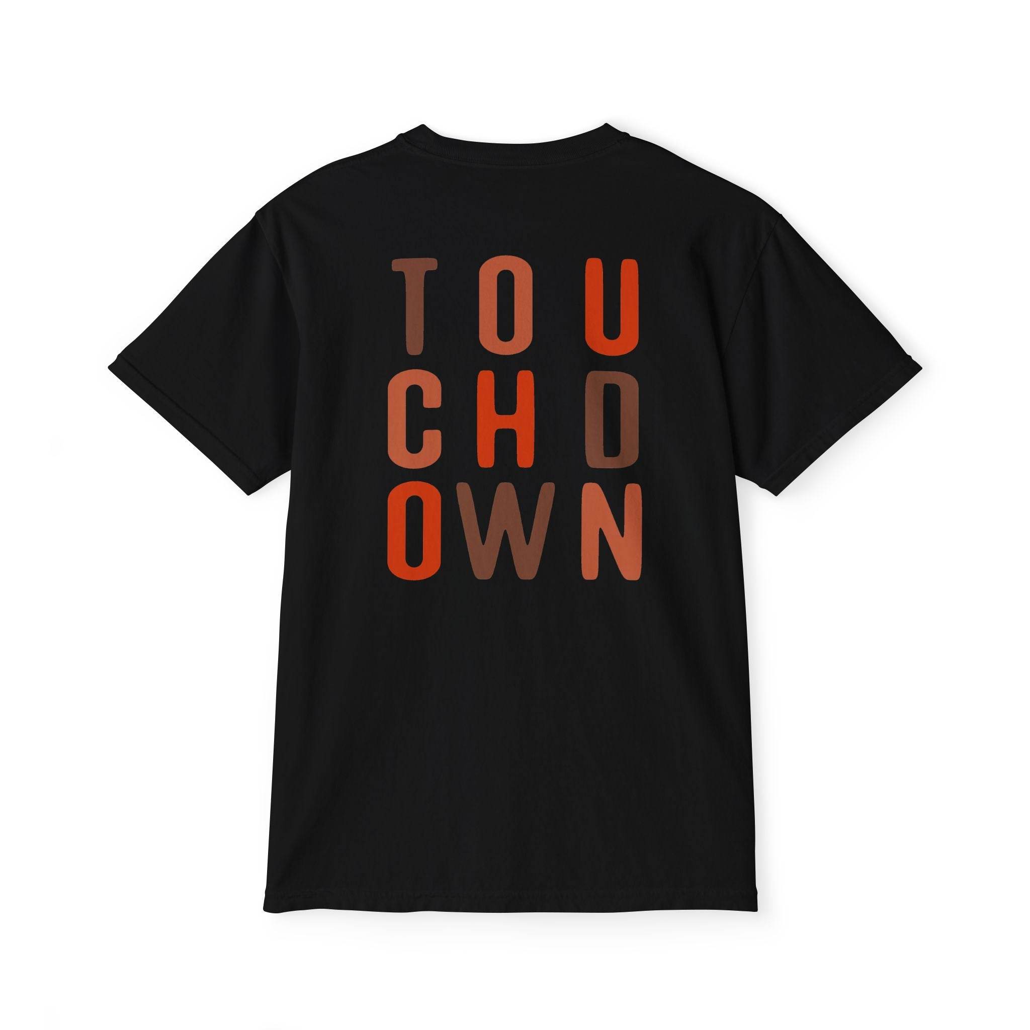 Printify black eco-friendly unisex t-shirt with multicolor touchdown text design on back