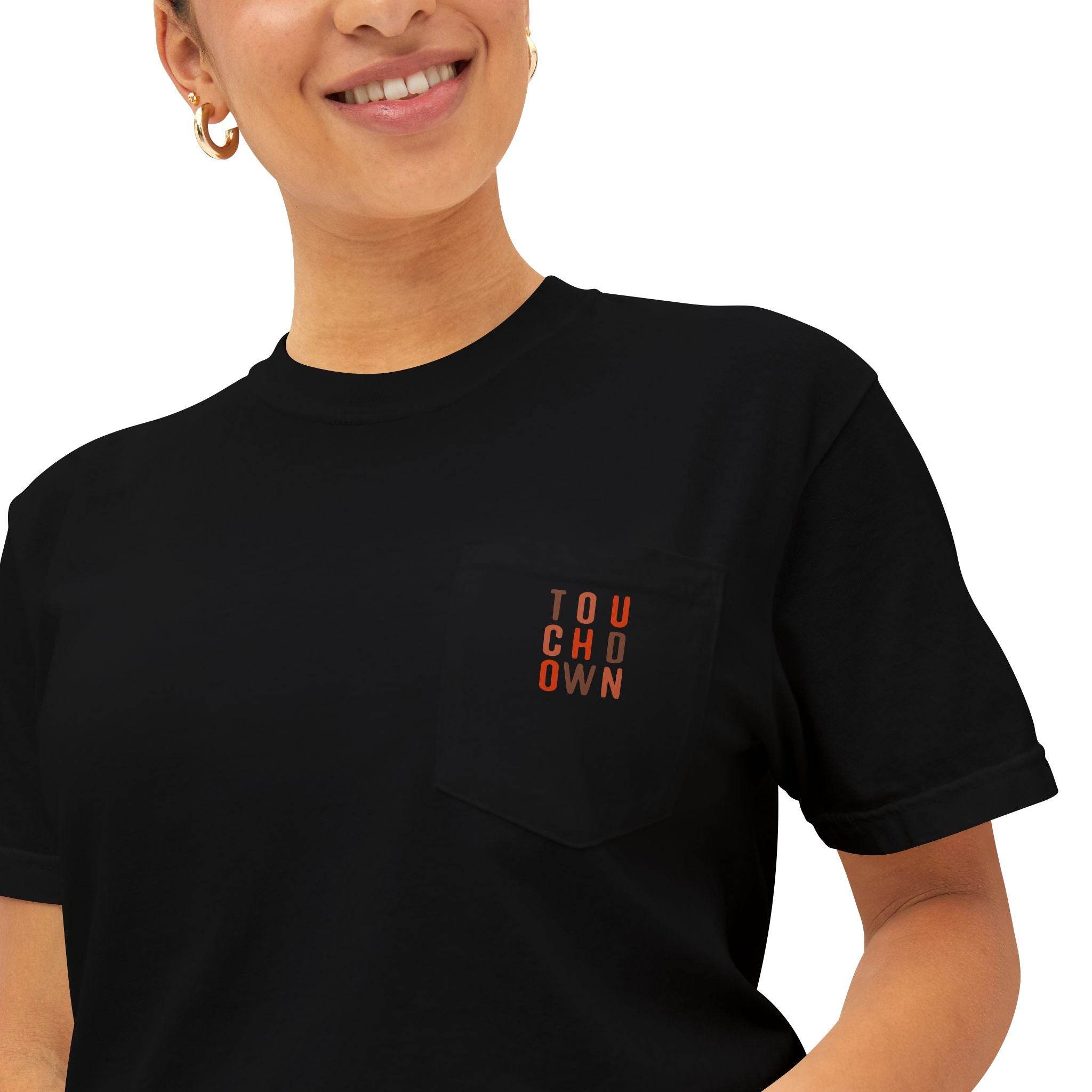 Black eco-friendly unisex t-shirt by Printify with small touchdown text on chest pocket