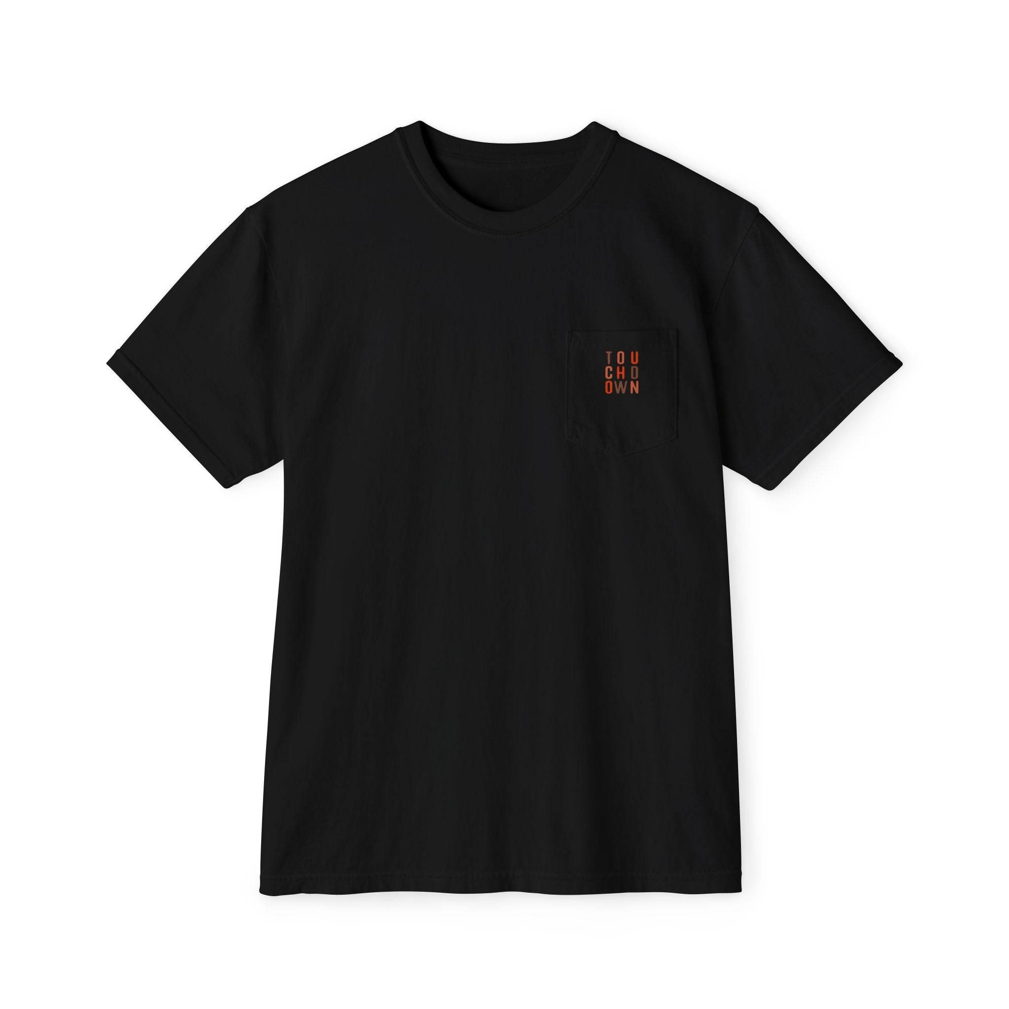 Black Printify eco-friendly unisex t-shirt with small orange text design on chest