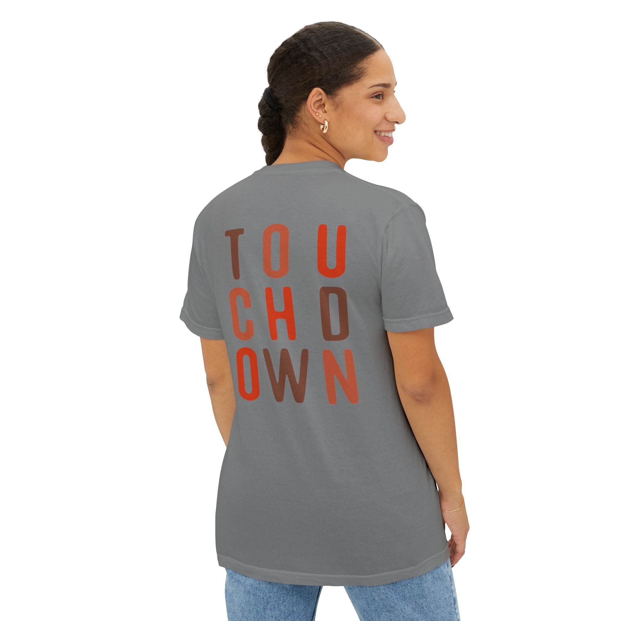 Printify eco-friendly unisex t-shirt in gray with touchdown graphic worn by smiling woman