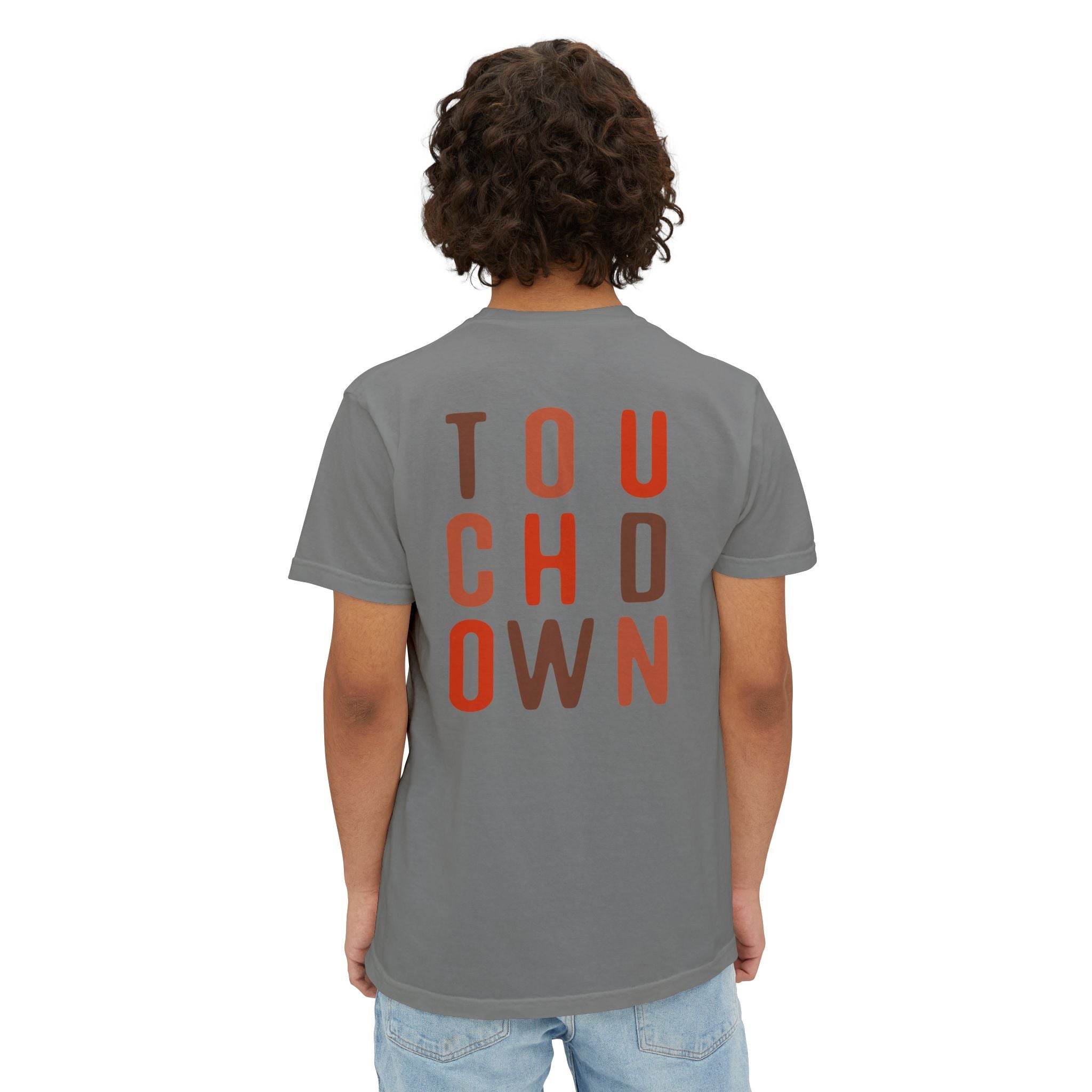 Printify eco-friendly unisex t-shirt in gray with bold touchdown text on the back