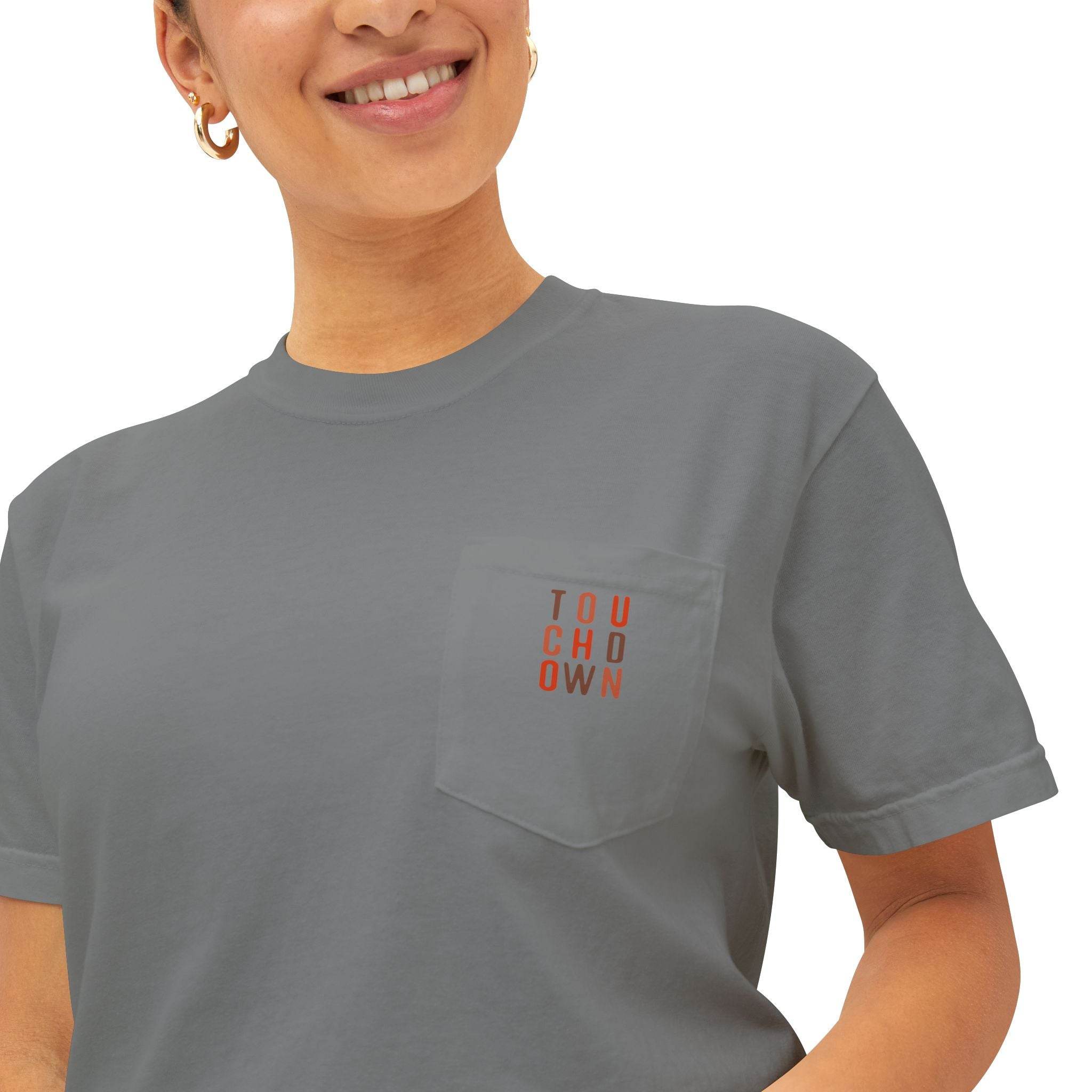 Gray Printify eco-friendly unisex t-shirt with small red touchdown text on chest pocket