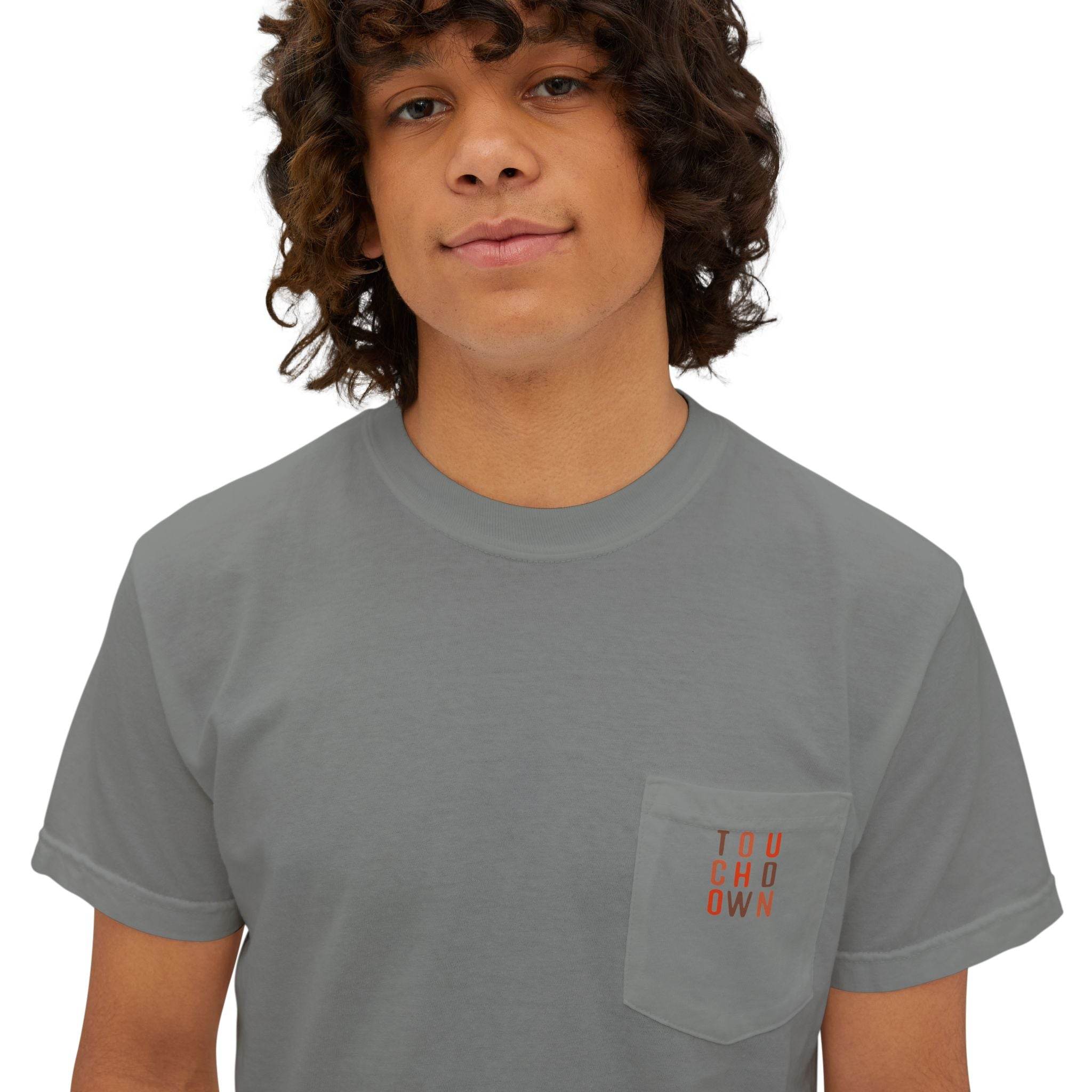 Printify gray eco-friendly unisex t-shirt with front pocket and orange text design worn by male model