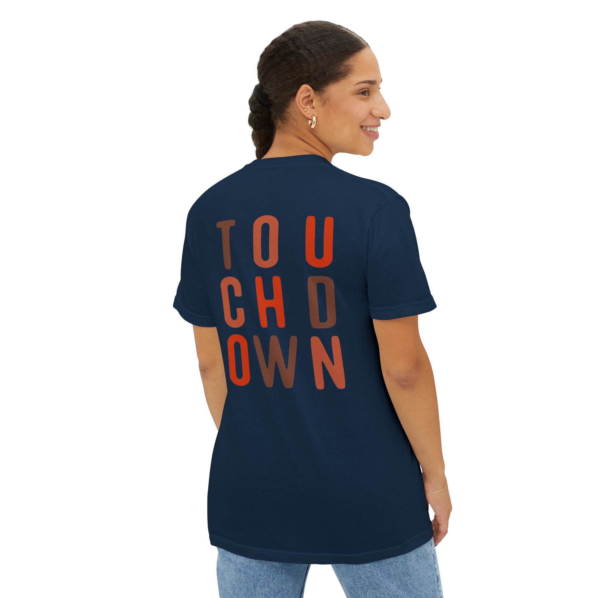 Printify navy blue eco-friendly unisex t-shirt with touchdown graphic worn by smiling woman