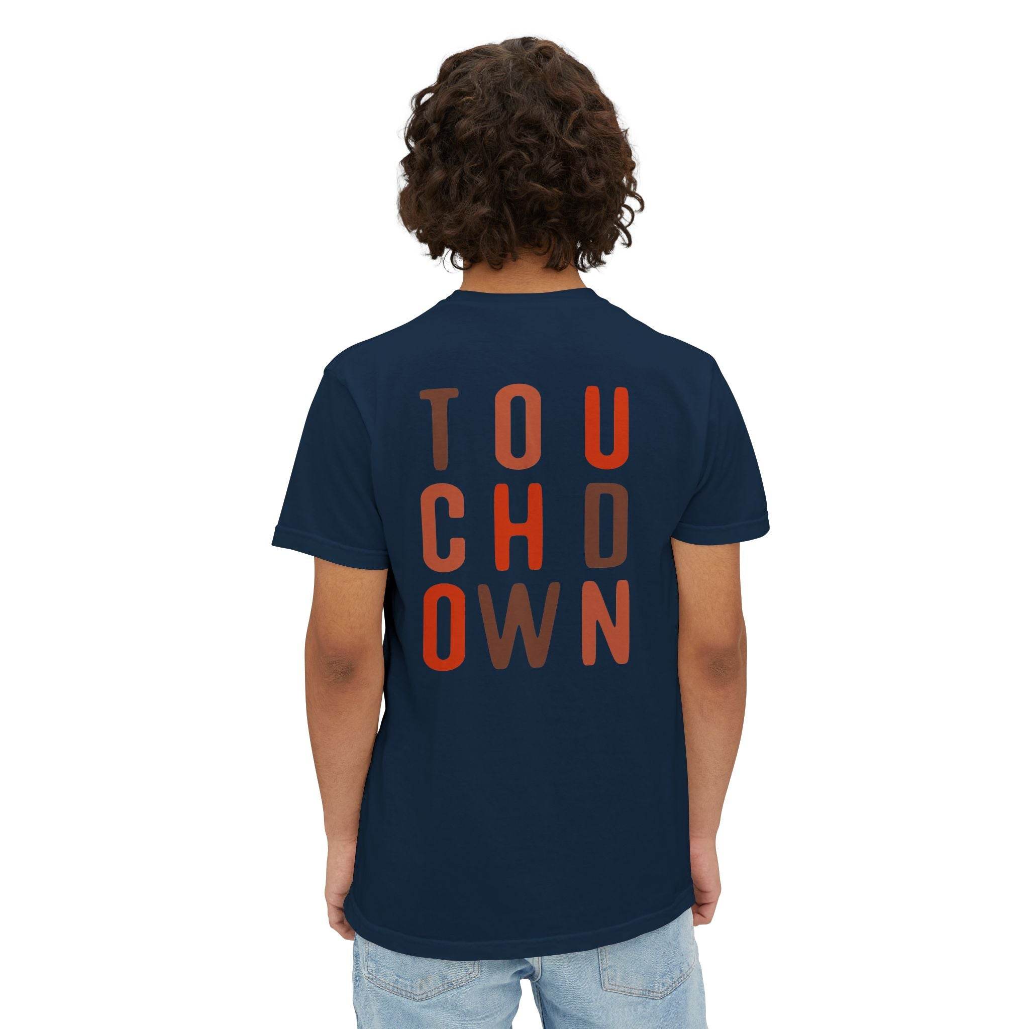 Printify navy eco-friendly unisex t-shirt with bold touchdown text on back worn by person
