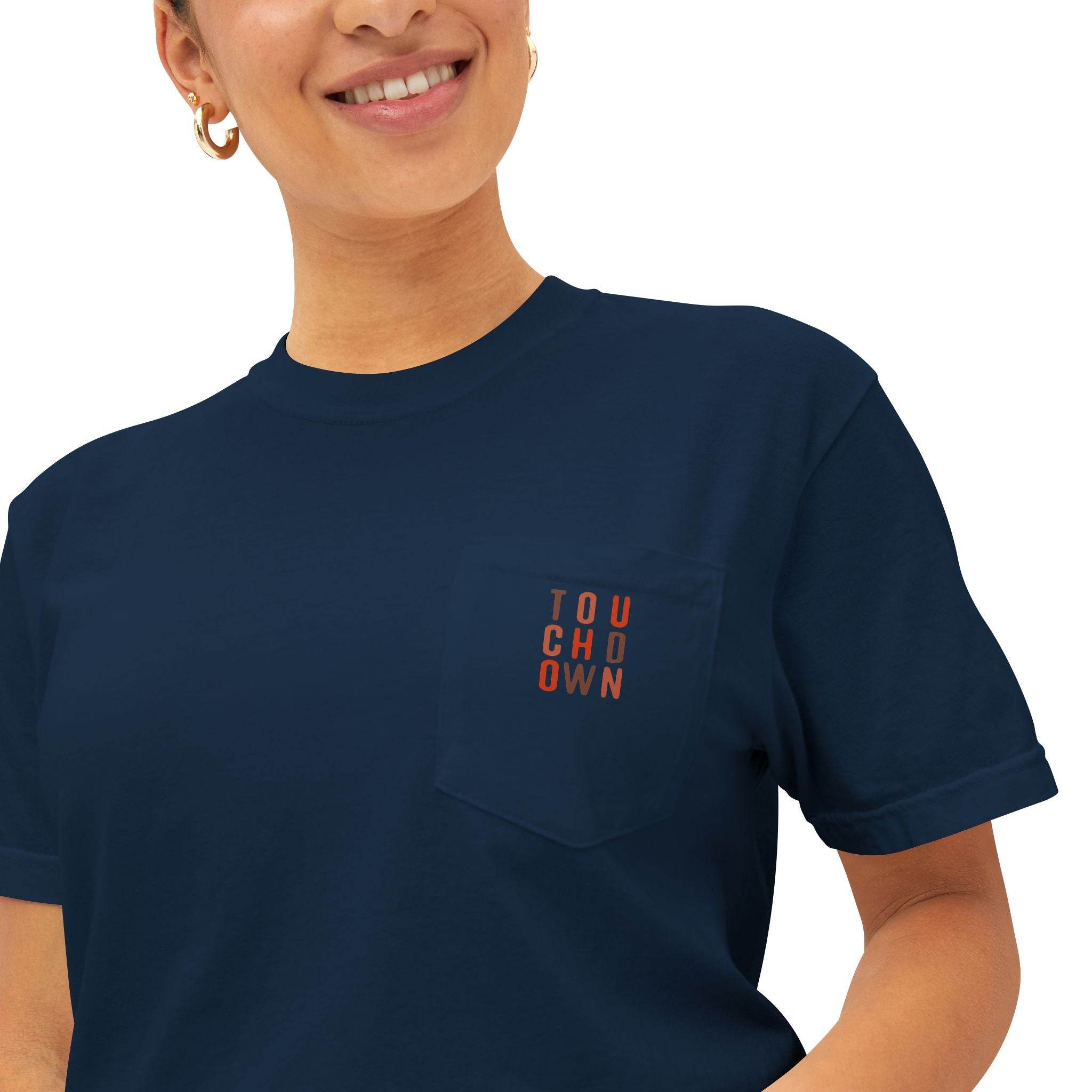 Printify navy blue eco-friendly unisex t-shirt with small pocket and touchdown text design
