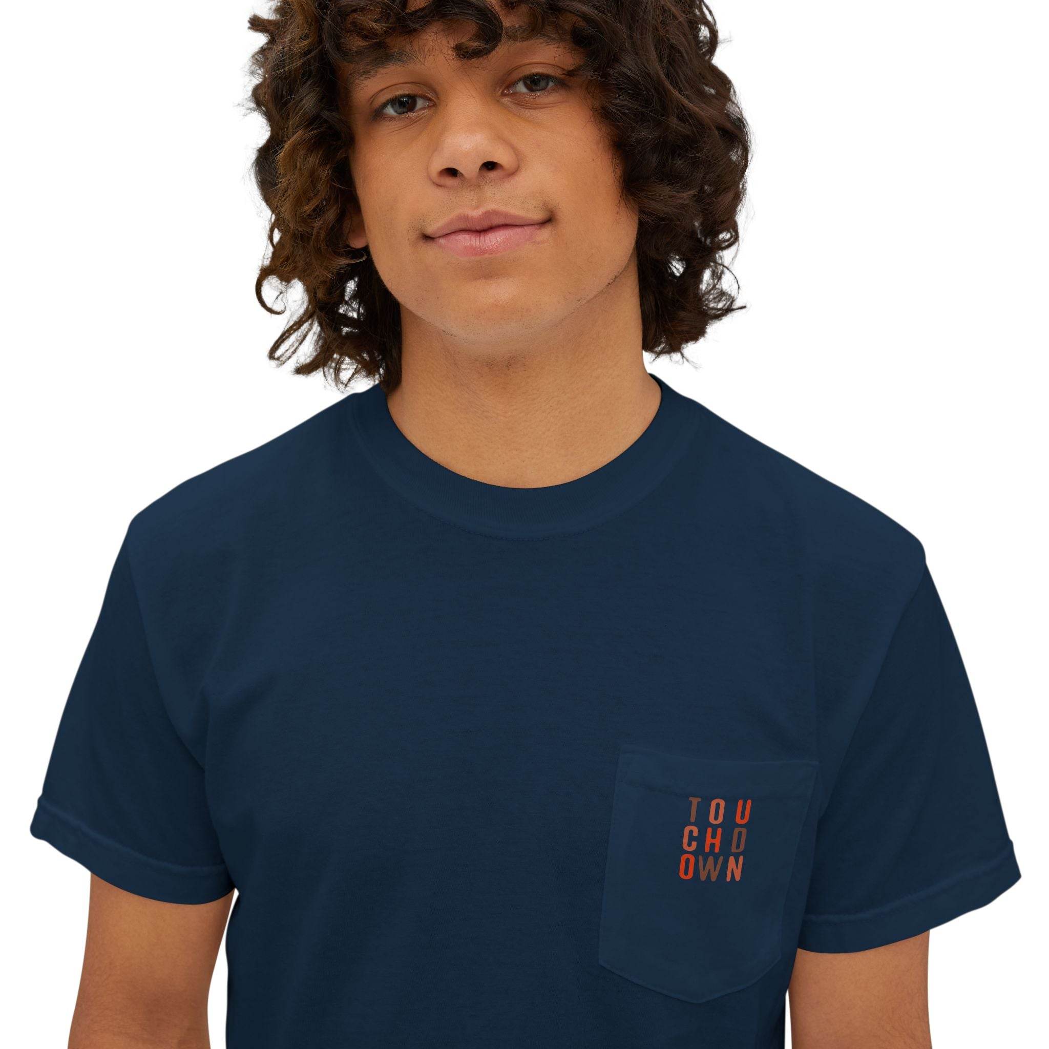 Printify navy blue eco-friendly unisex t-shirt with small orange pocket text worn by a male model