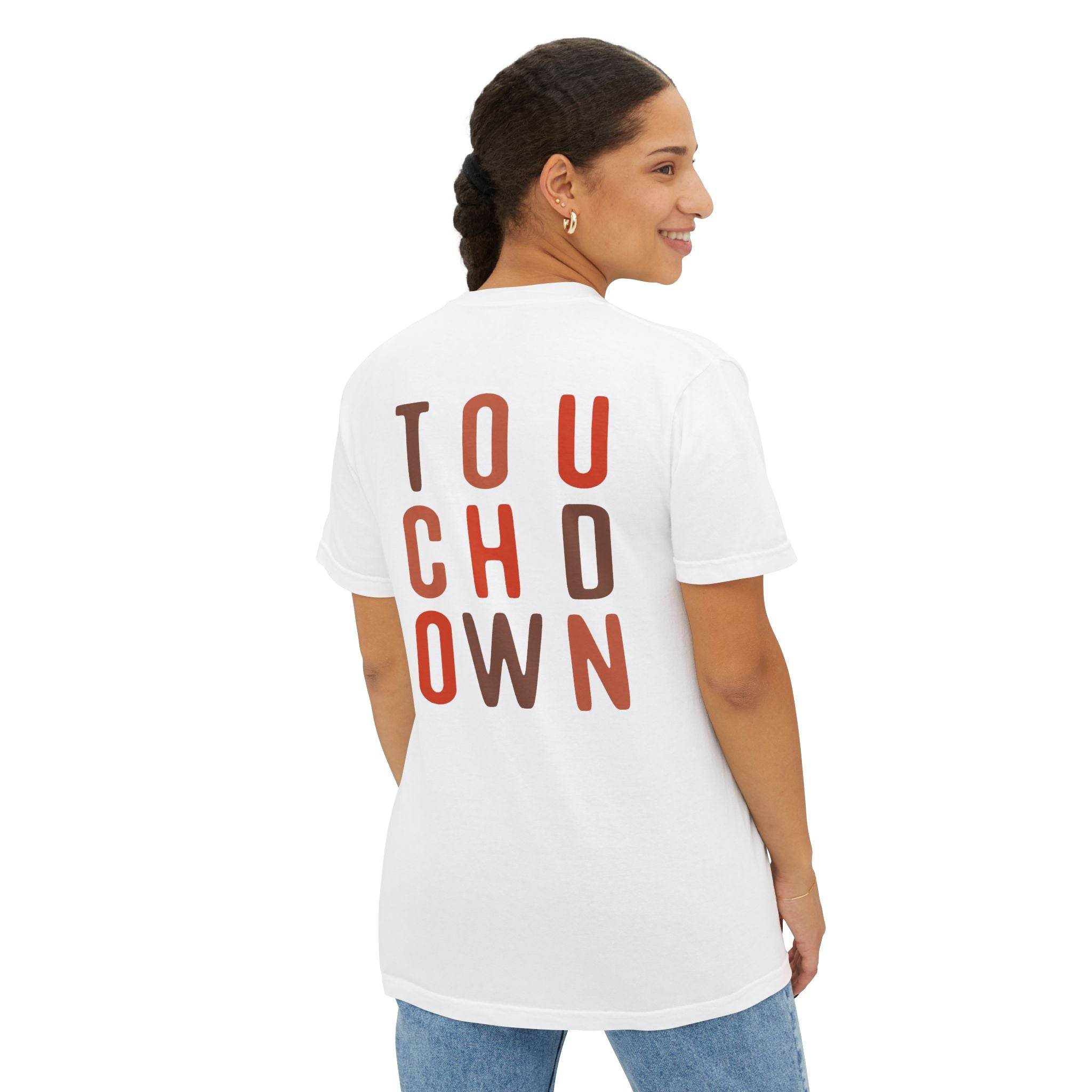 Printify eco-friendly unisex t-shirt in white with colorful touchdown text on back worn by smiling woman