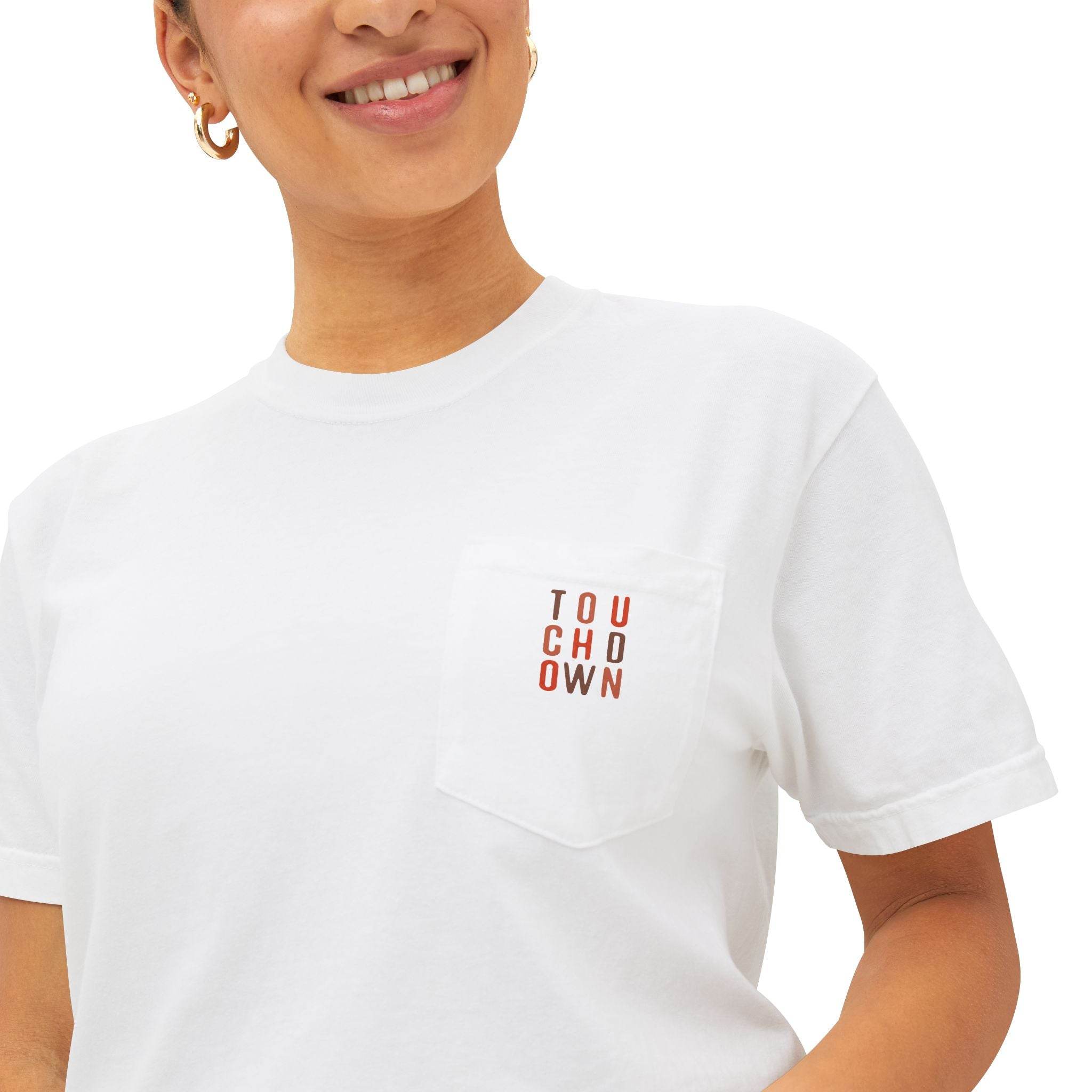 Printify white eco-friendly unisex t-shirt with pocket and touchdown text design