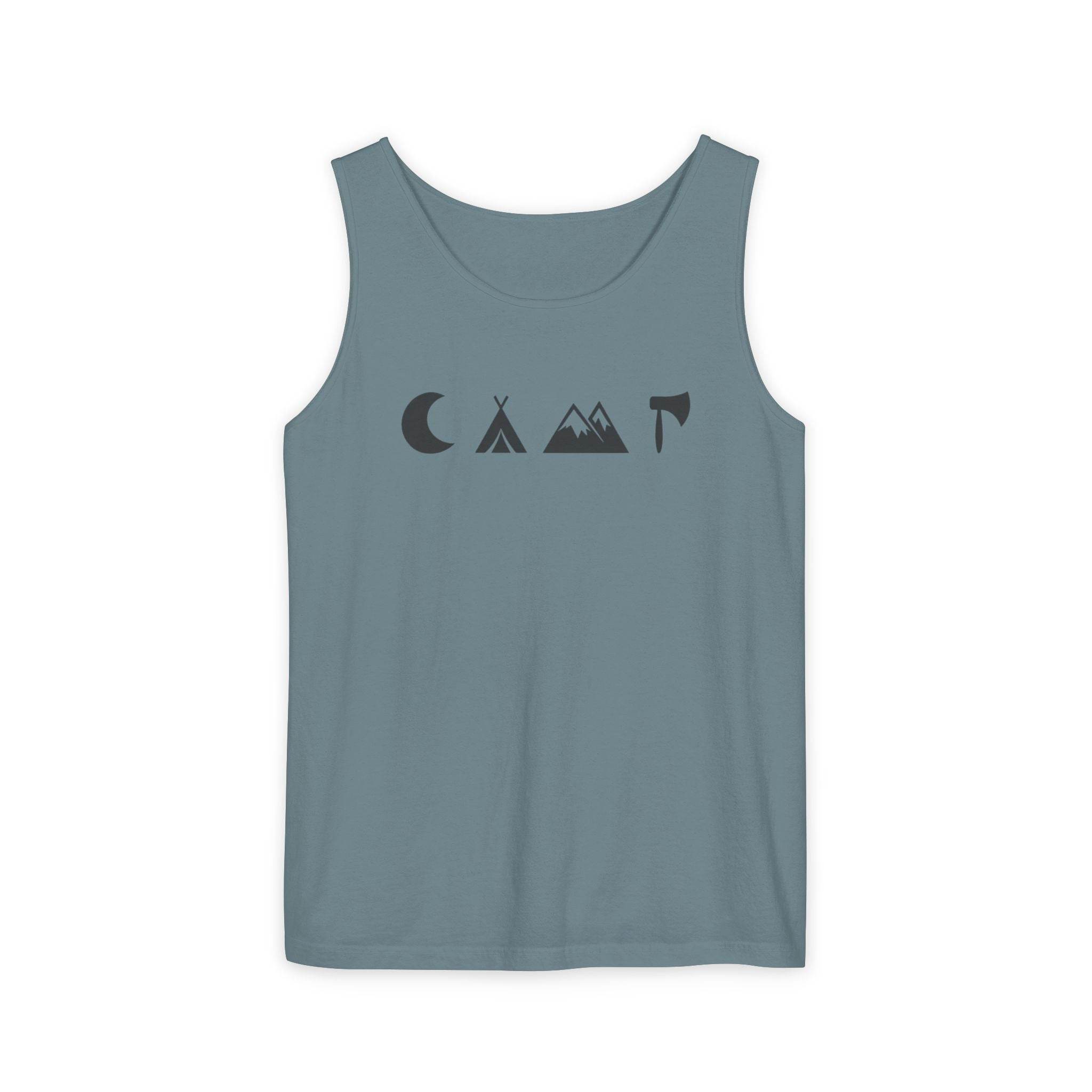 Printify eco-friendly unisex tank top in muted slate teal with minimalist camping icons moon tent mountains and axe