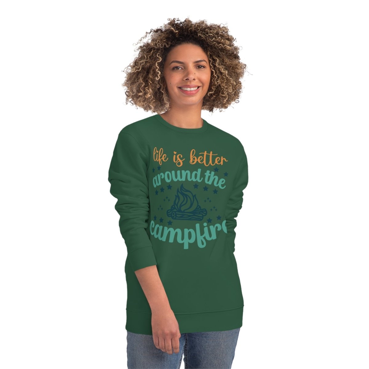 Eco-friendly campfire sweatshirt in green featuring a cozy campfire design and a motivational quote