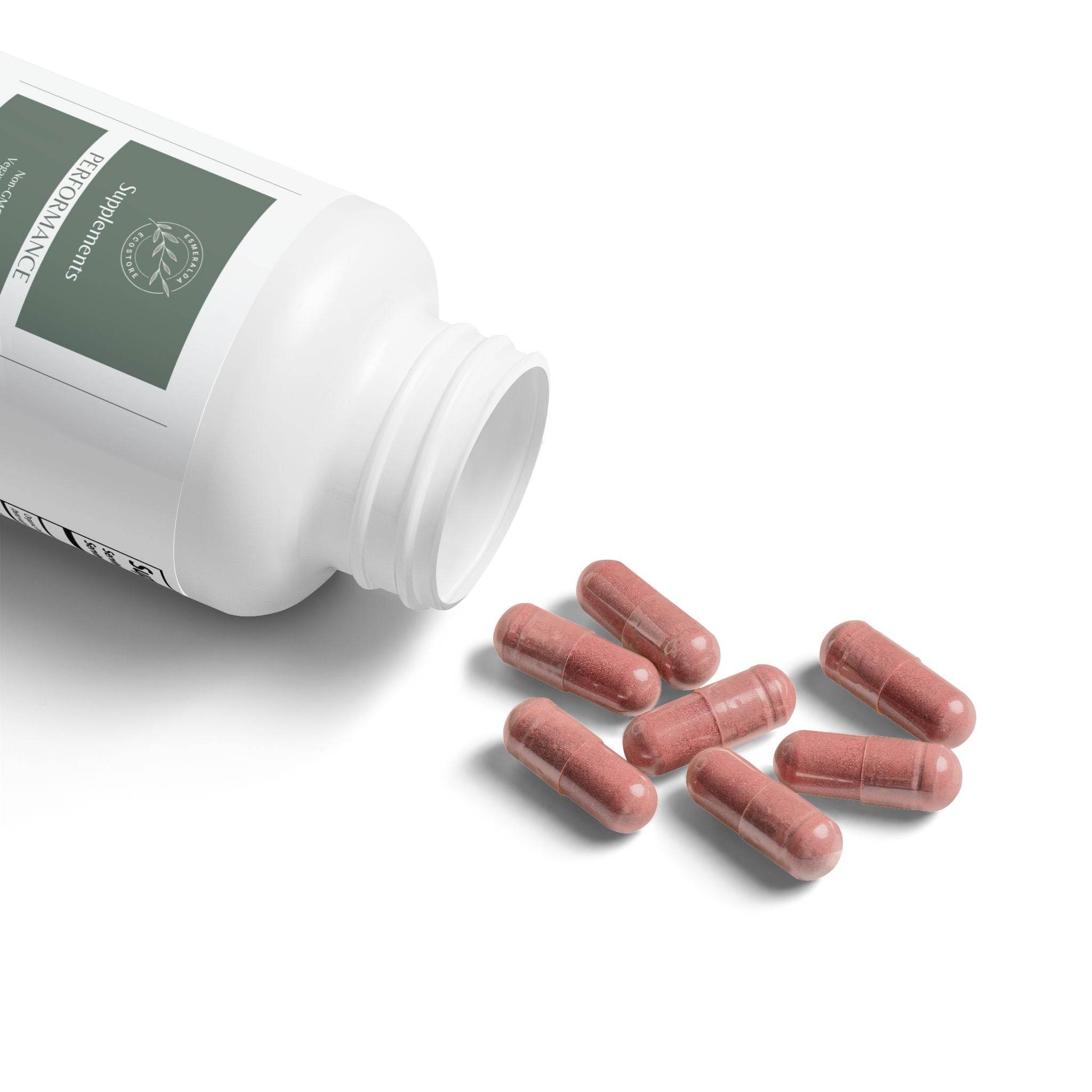 Printify vegan performance booster supplements with pink capsules spilling out of a white bottle