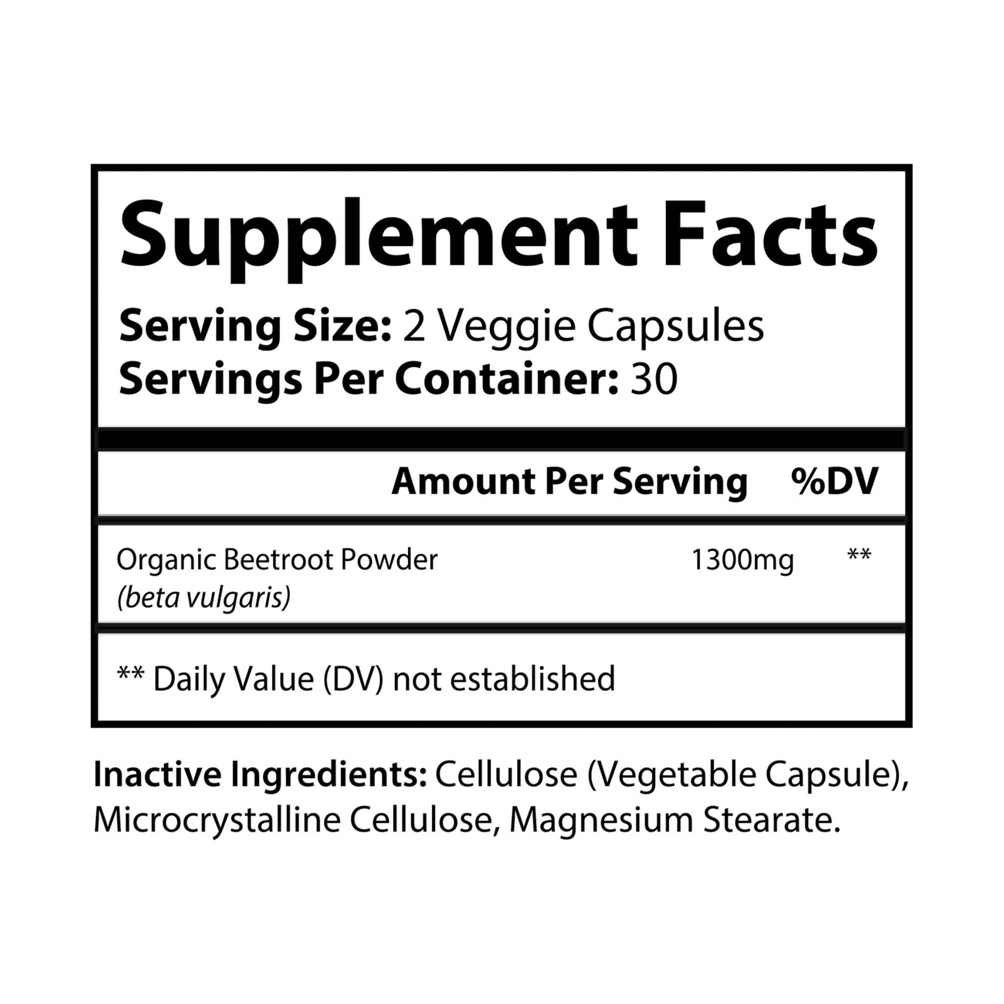 Supplement facts label showing serving size 2 veggie capsules with organic beetroot powder for vegan performance booster