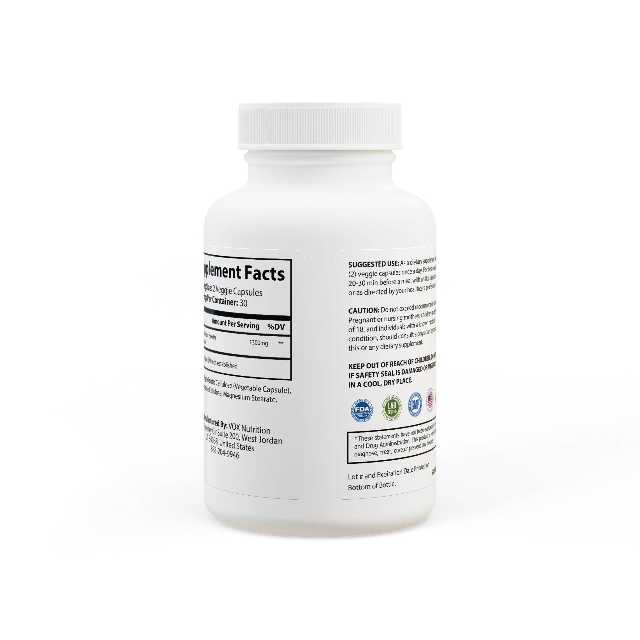 Printify vegan performance booster supplement bottle with white cap and label showing supplement facts and usage
