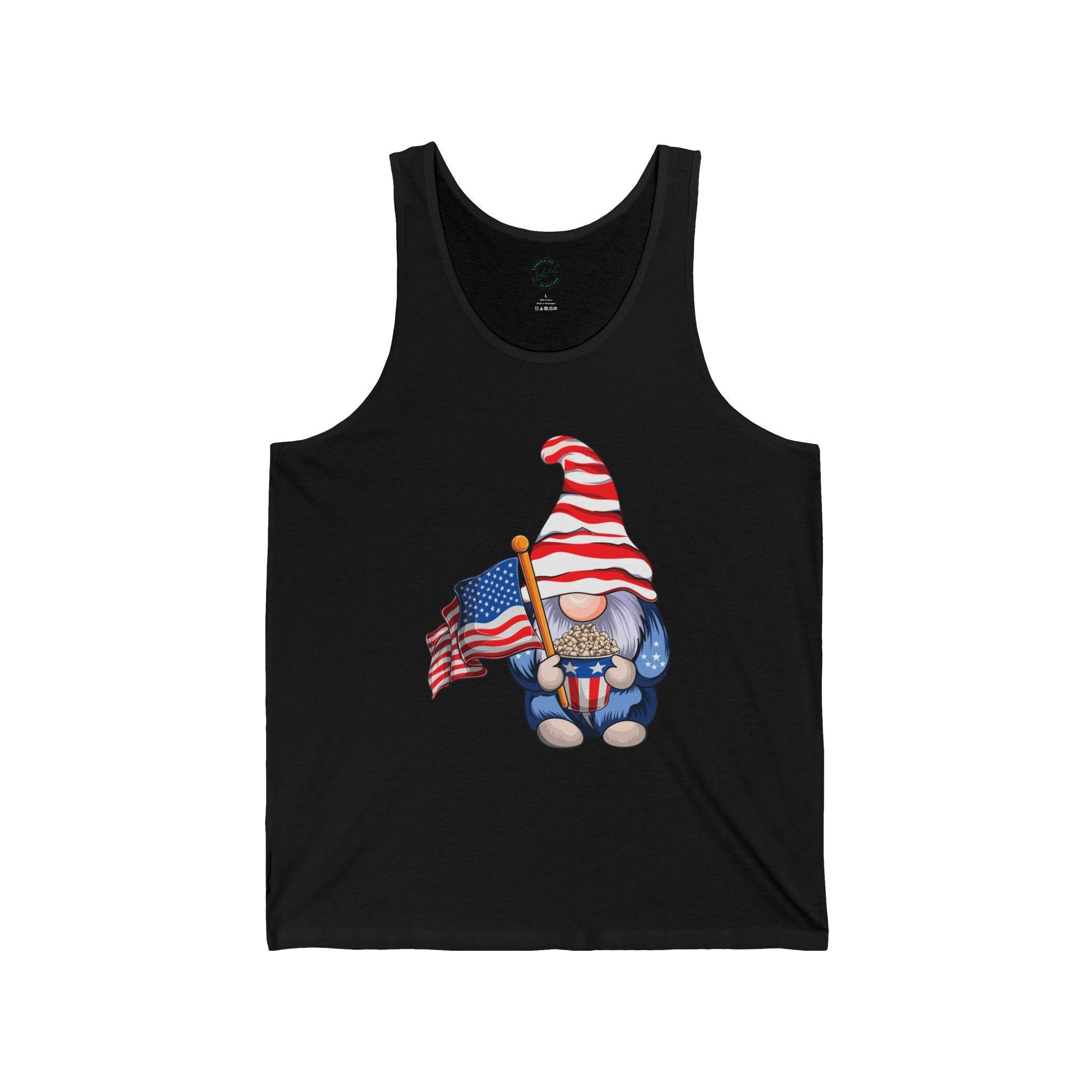 Black tank top with patriotic gnome holding American flag and popcorn eco-friendly 4th of July tank