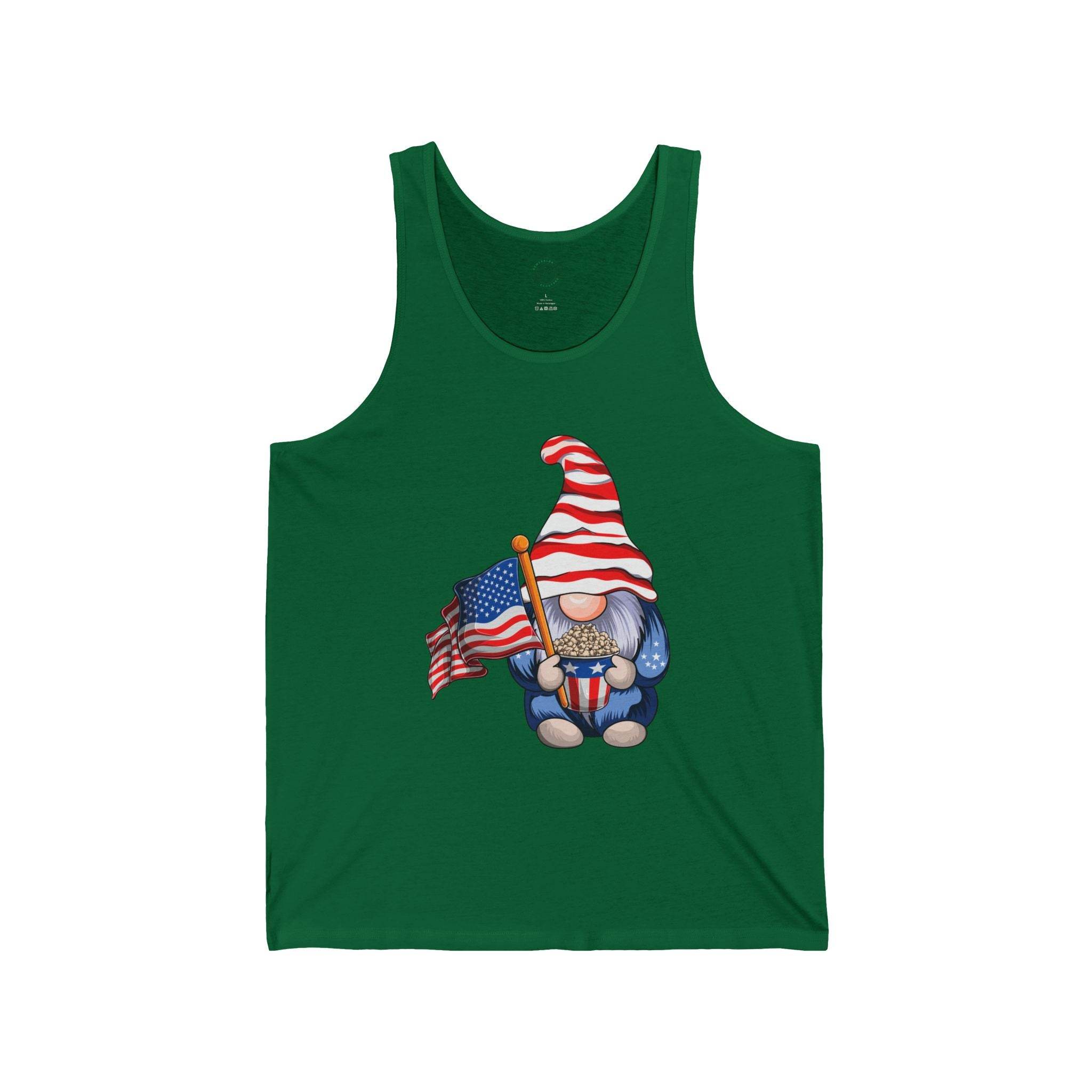 Printify green tank top featuring a gnome with American flag popcorn and flag eco-friendly 4th of July tank