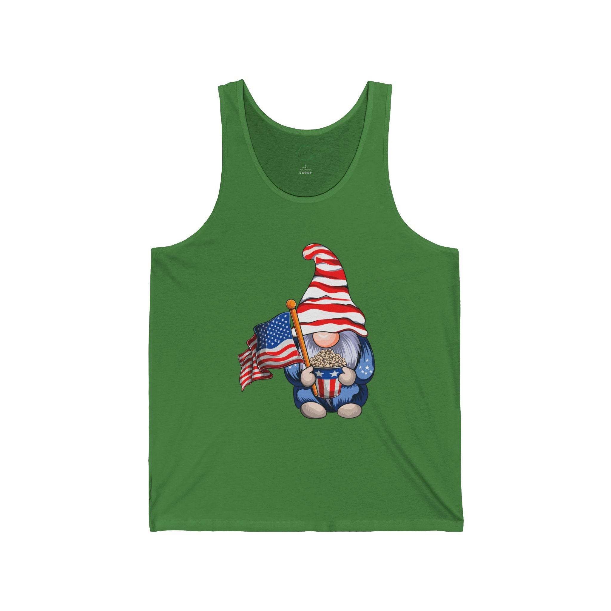 Green Printify tank top featuring a gnome with American flag holding popcorn eco-friendly 4th of July tank