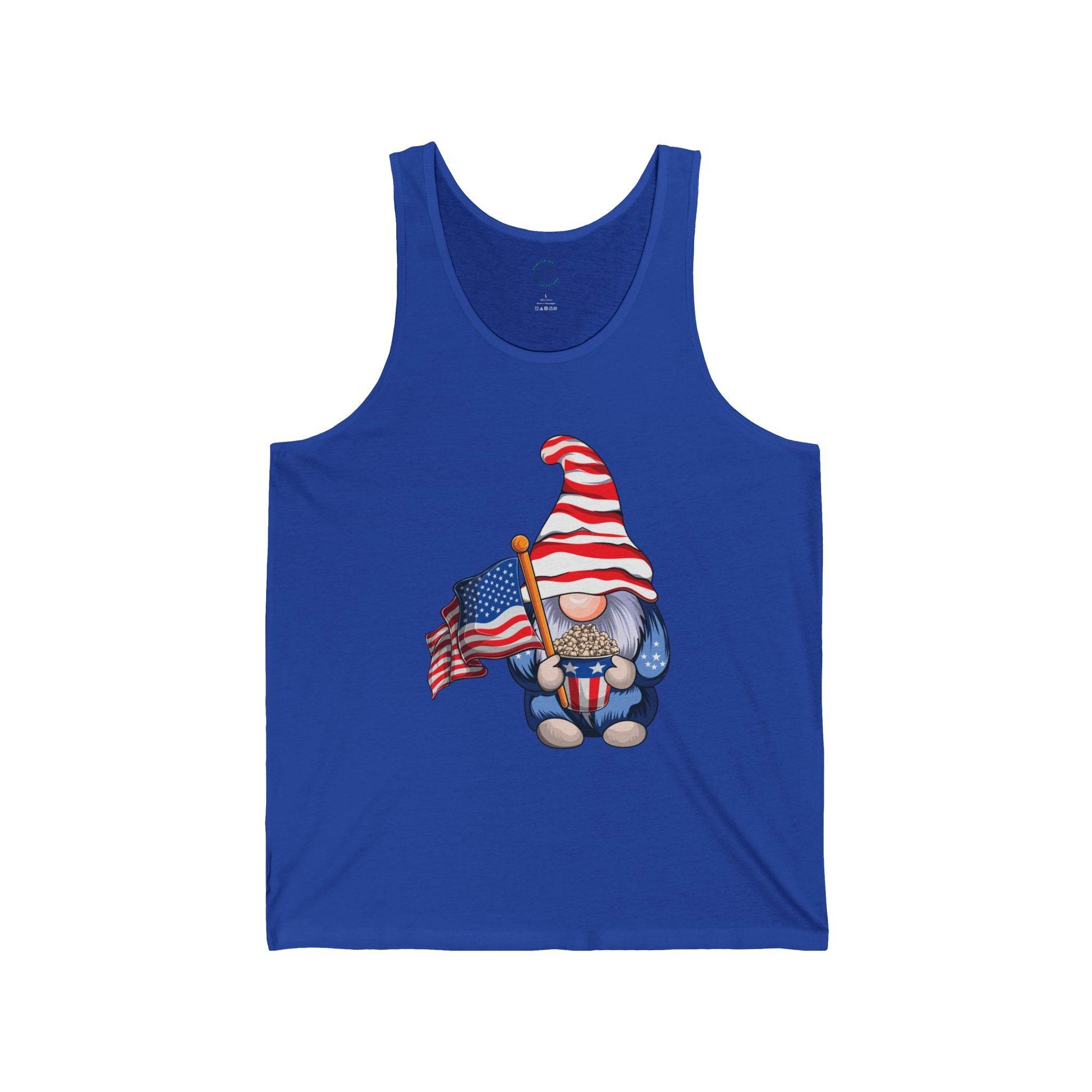 Blue Printify tank top featuring a gnome holding an American flag and popcorn eco-friendly 4th of July tank
