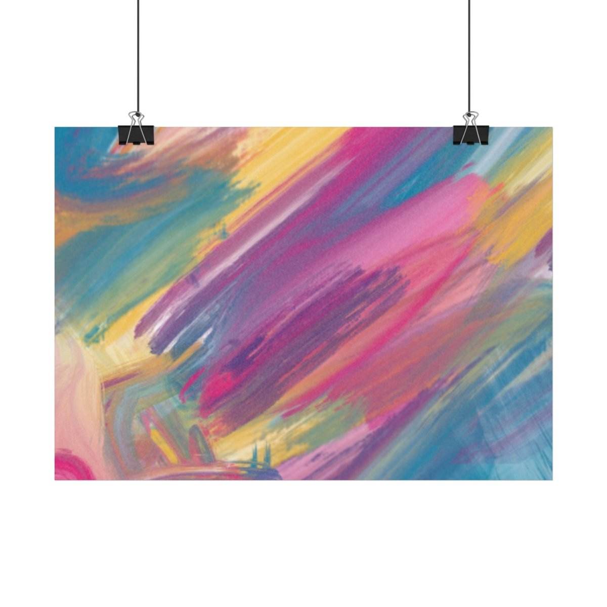 Printify colorful abstract eco-friendly art posters with vibrant brushstroke design hanging by clips