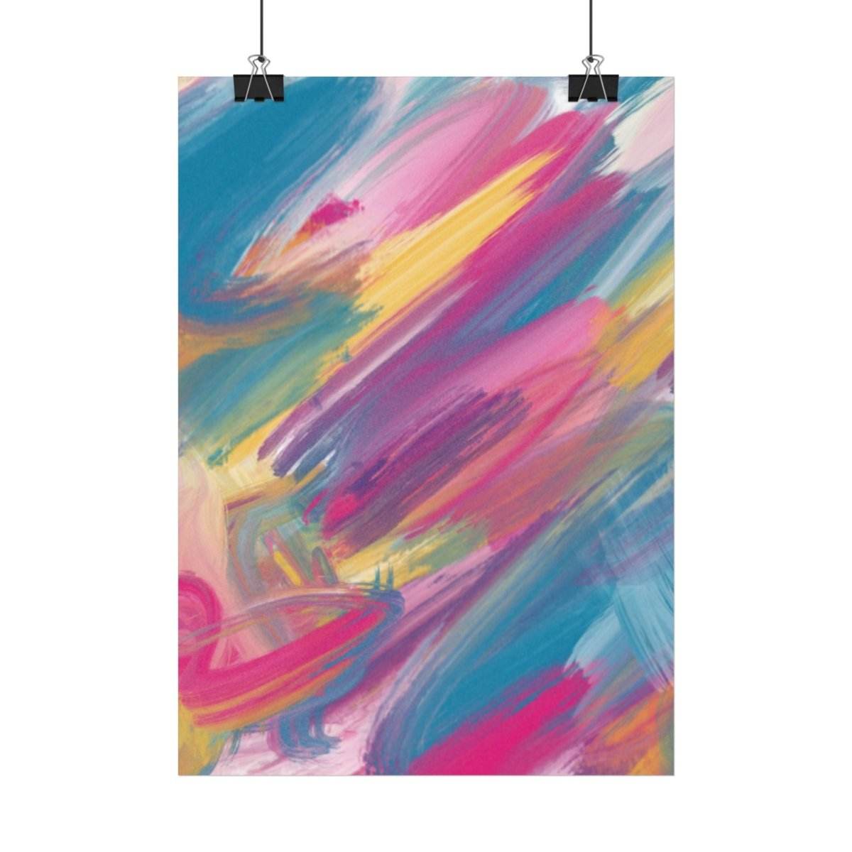 Colorful abstract eco-friendly art posters by Printify featuring vibrant brush strokes in pink yellow blue and green