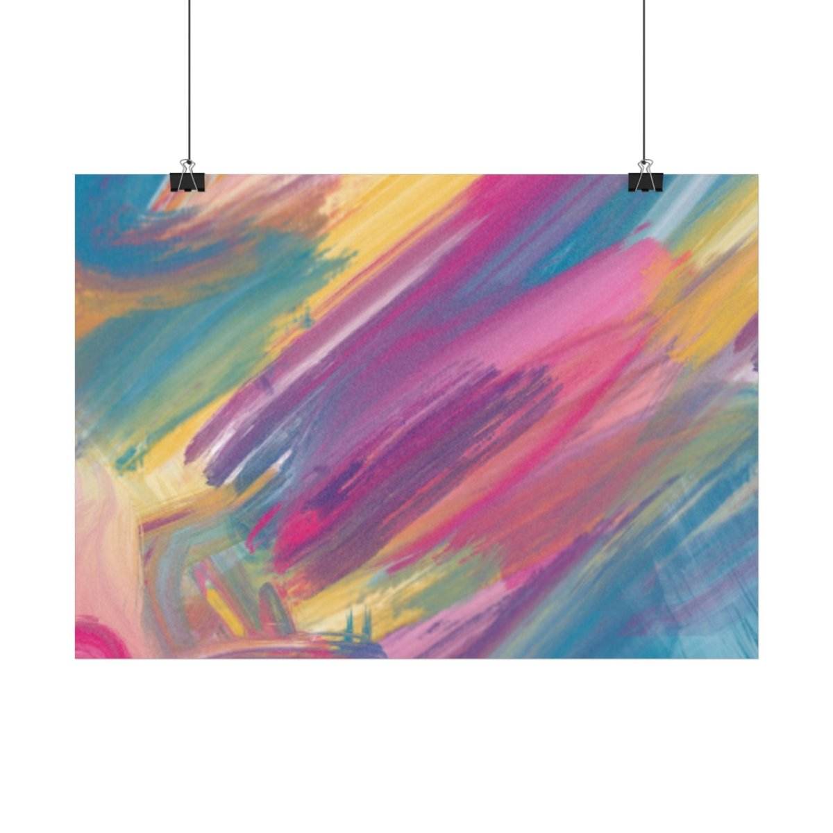 Printify eco-friendly art posters featuring colorful abstract brushstroke design hanging with clips