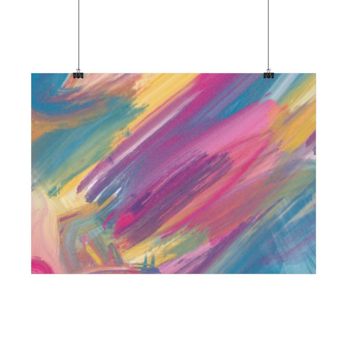 Colorful abstract painting on eco-friendly art posters by Printify hanging with clips