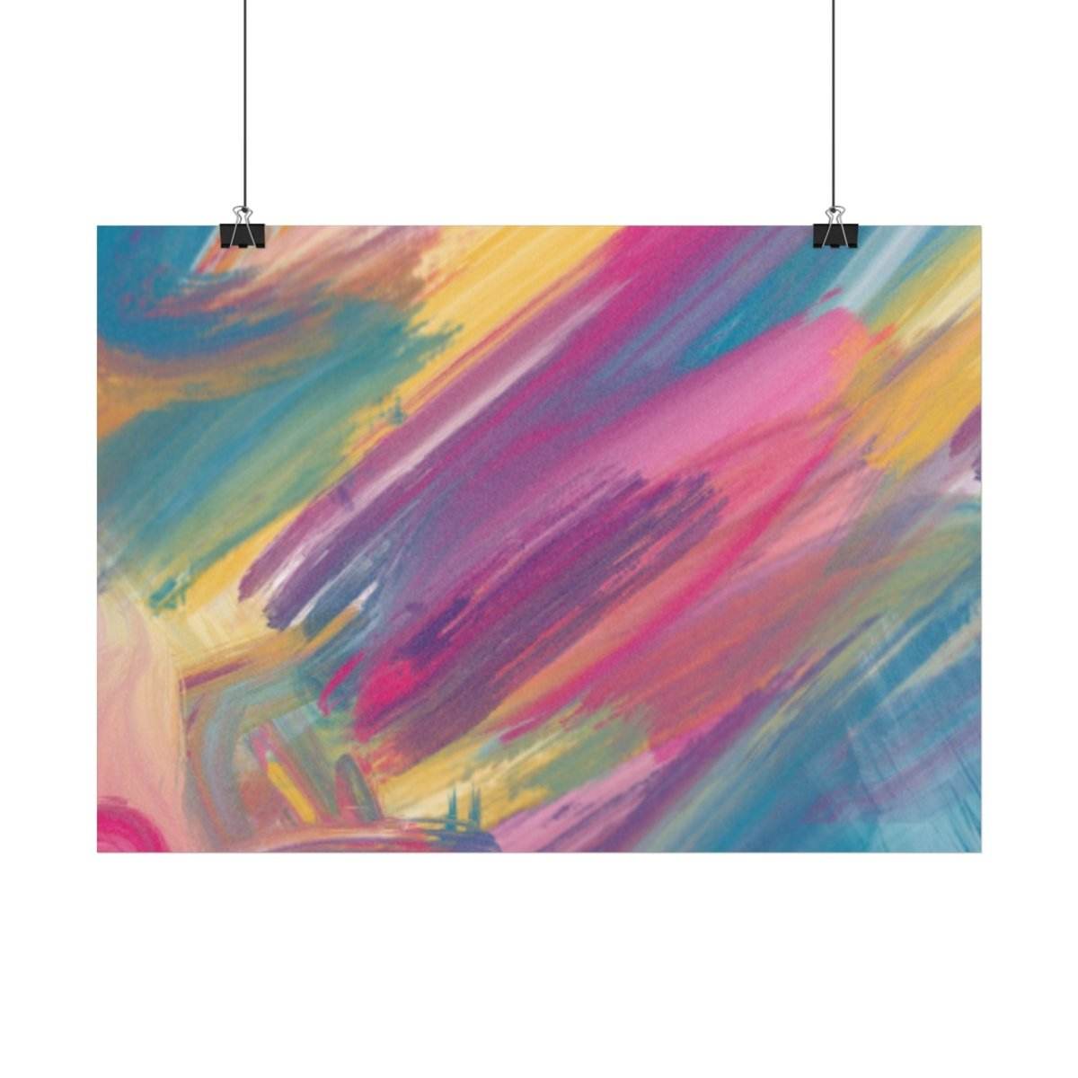 Printify colorful abstract painting eco-friendly art posters featuring vibrant pink, blue, yellow, and green brush strokes